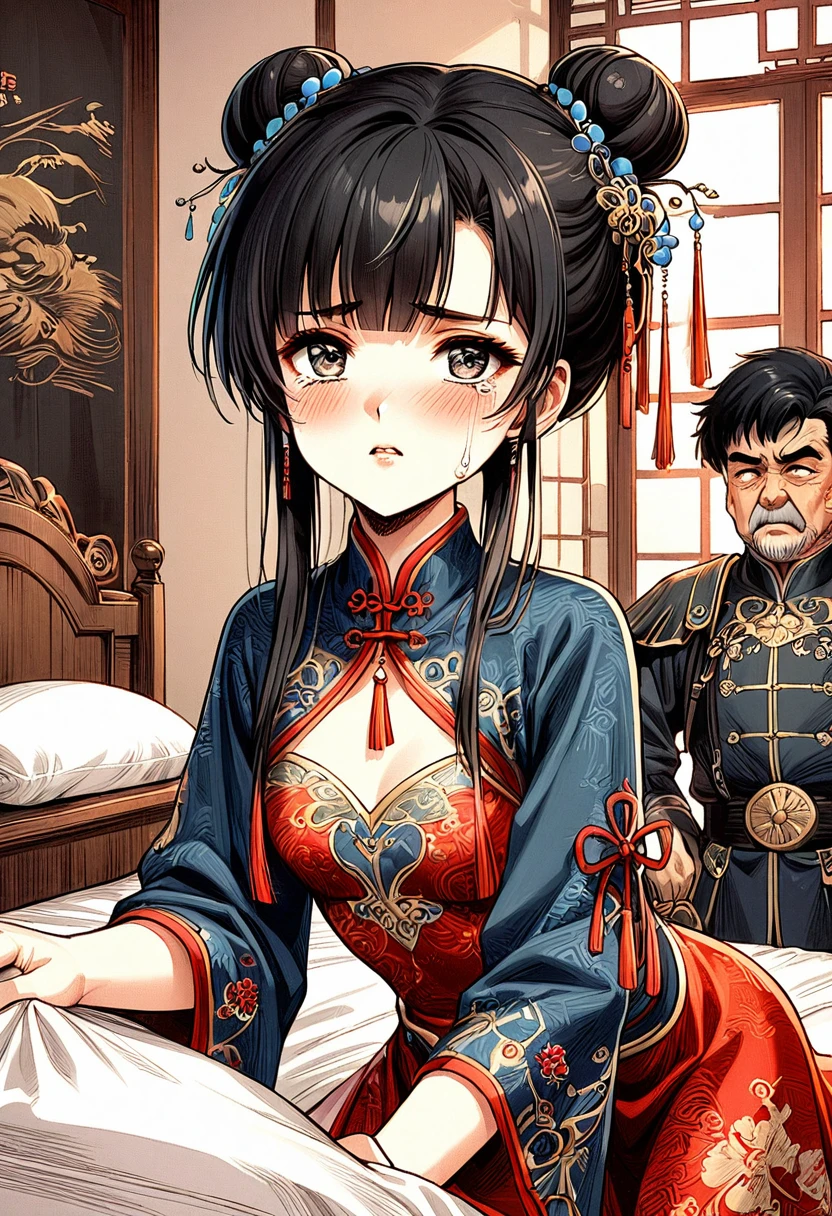 Perverted and lewd historical drama manga style A 15-year-old super beautiful Chinese girl with black hair in a bun cut(1 person) She is wearing a royal long-sleeved Chinese dress She fights on the bed with the perverted old emperor She cries