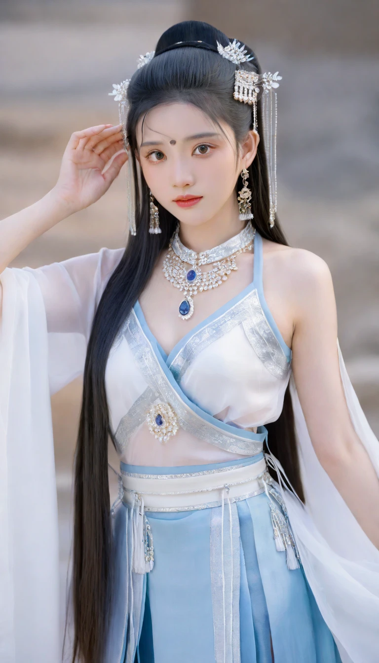 (photorealistic, best quality, ultra high res, extremely detailed eyes and face:1.3),(1girl, solo:1.3),skirt,jewelry,long_hair,necklace,earrings,perfect body,standing,large breasts,looking at viewer,chinese clothes,china dress,hanfu,