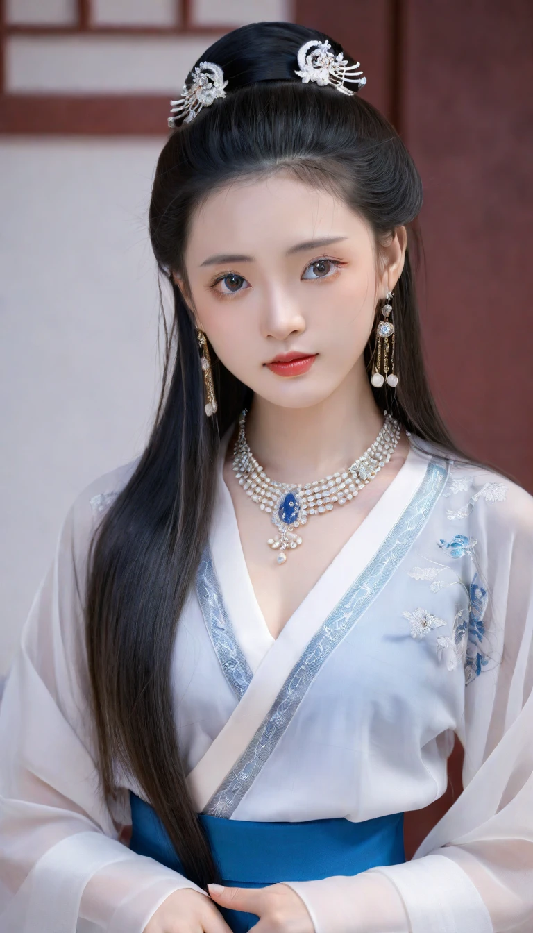 (photorealistic, best quality, ultra high res, extremely detailed eyes and face:1.3),(1girl, solo:1.3),skirt,jewelry,long_hair,necklace,earrings,perfect body,standing,large breasts,looking at viewer,chinese clothes,china dress,hanfu,