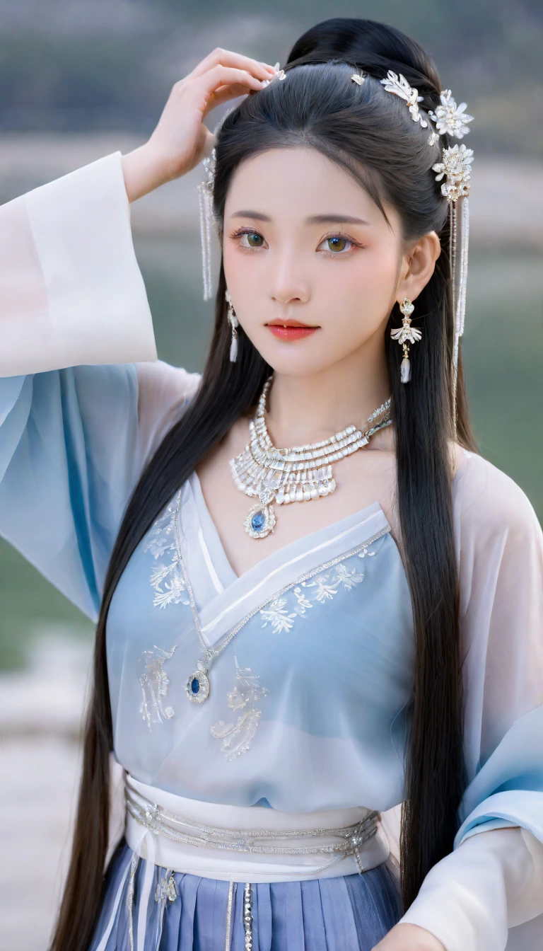 (photorealistic, best quality, ultra high res, extremely detailed eyes and face:1.3),(1girl, solo:1.3),skirt,jewelry,long_hair,necklace,earrings,perfect body,standing,large breasts,looking at viewer,chinese clothes,china dress,hanfu,