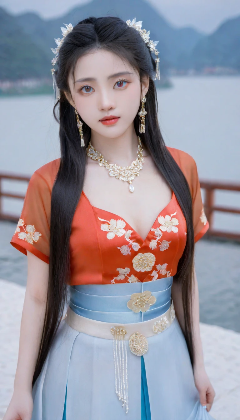 (photorealistic, best quality, ultra high res, extremely detailed eyes and face:1.3),(1girl, solo:1.3),skirt,jewelry,long_hair,necklace,earrings,perfect body,standing,large breasts,looking at viewer,chinese clothes,china dress,hanfu,