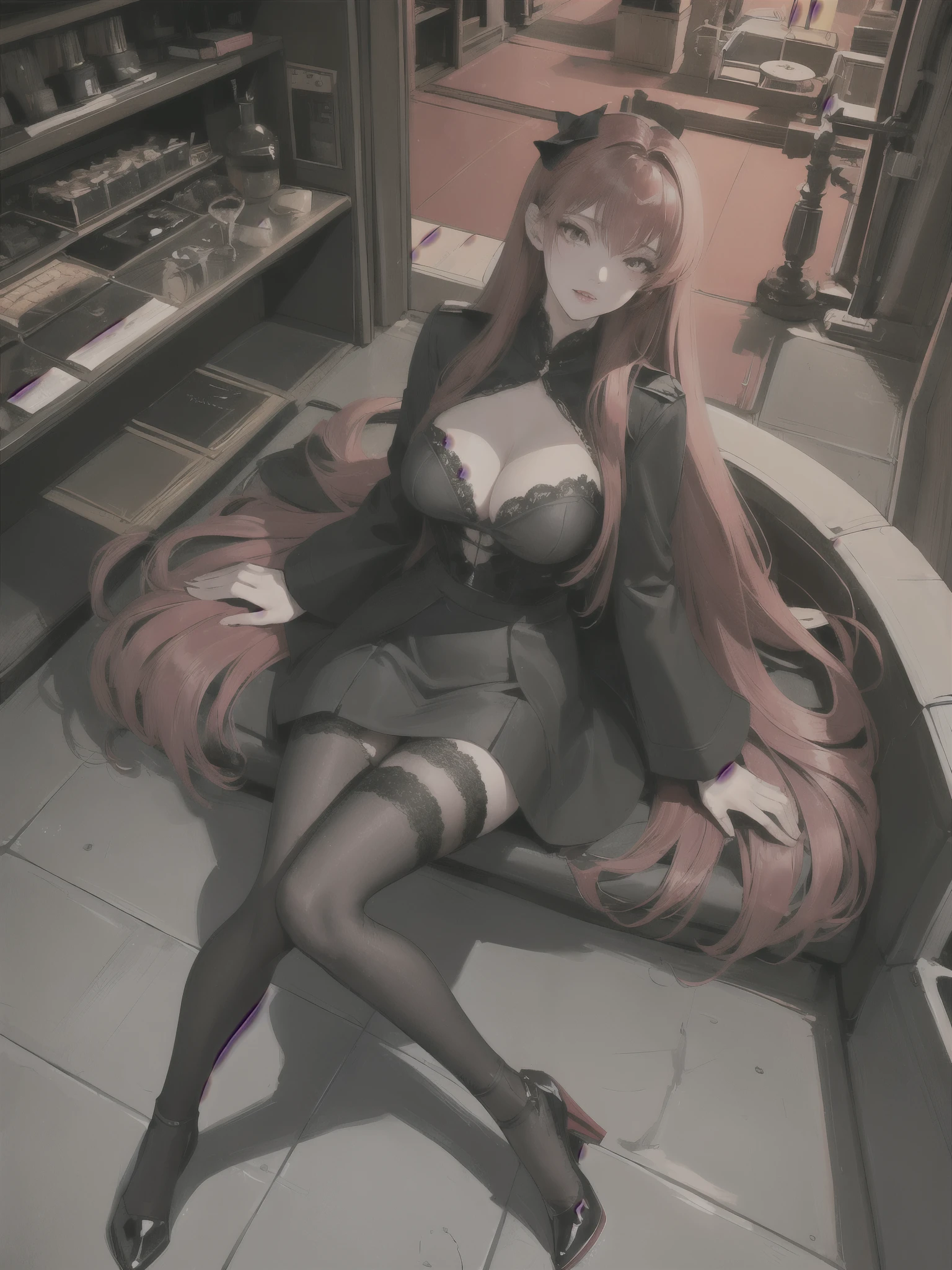 Gothic girl with light red hair, proud breasts, leg rings, black stockings, high heels, full body exposure, hand details, tightly wrapped clothes, black lace skirt, black lace gloves, tightly wrapped without revealing breasts