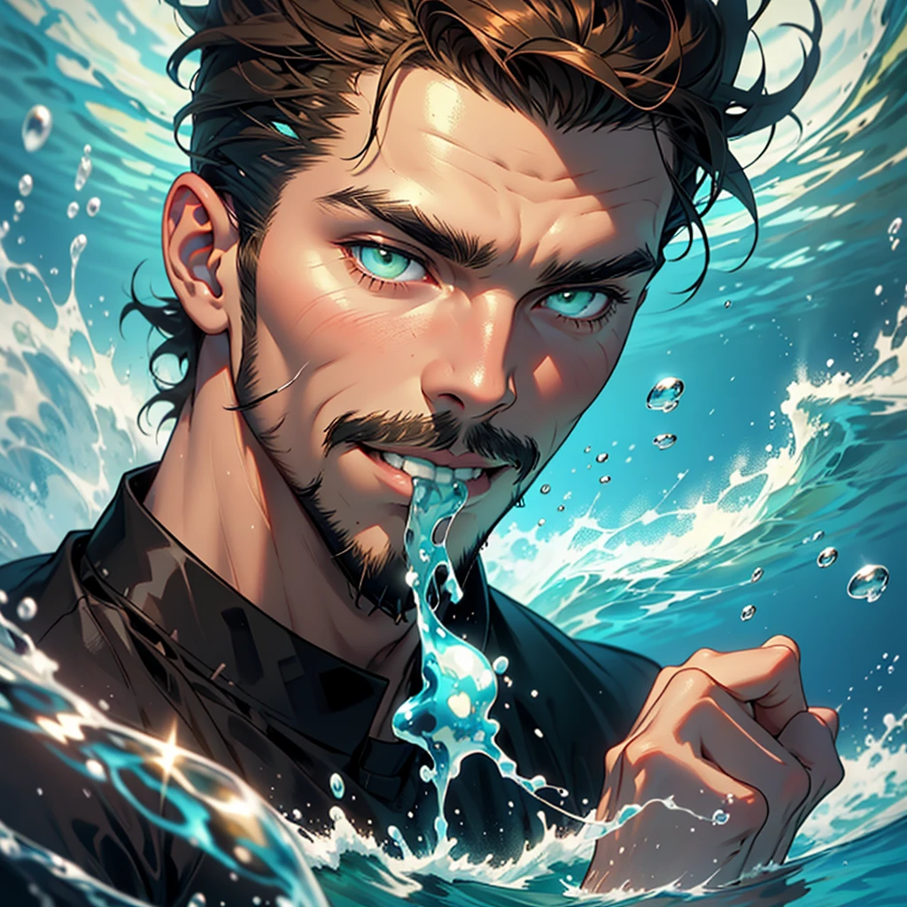 Portrait drawing, show the full head. Underwater man with short cut brown hair pulled back, green eyes and a hooked nose. He looks relaxed, his eyebrows are straight. He has a short mustache and goatee. He is wielding waterbending magic. The suroundings is dark blue sea waters, bubbles.