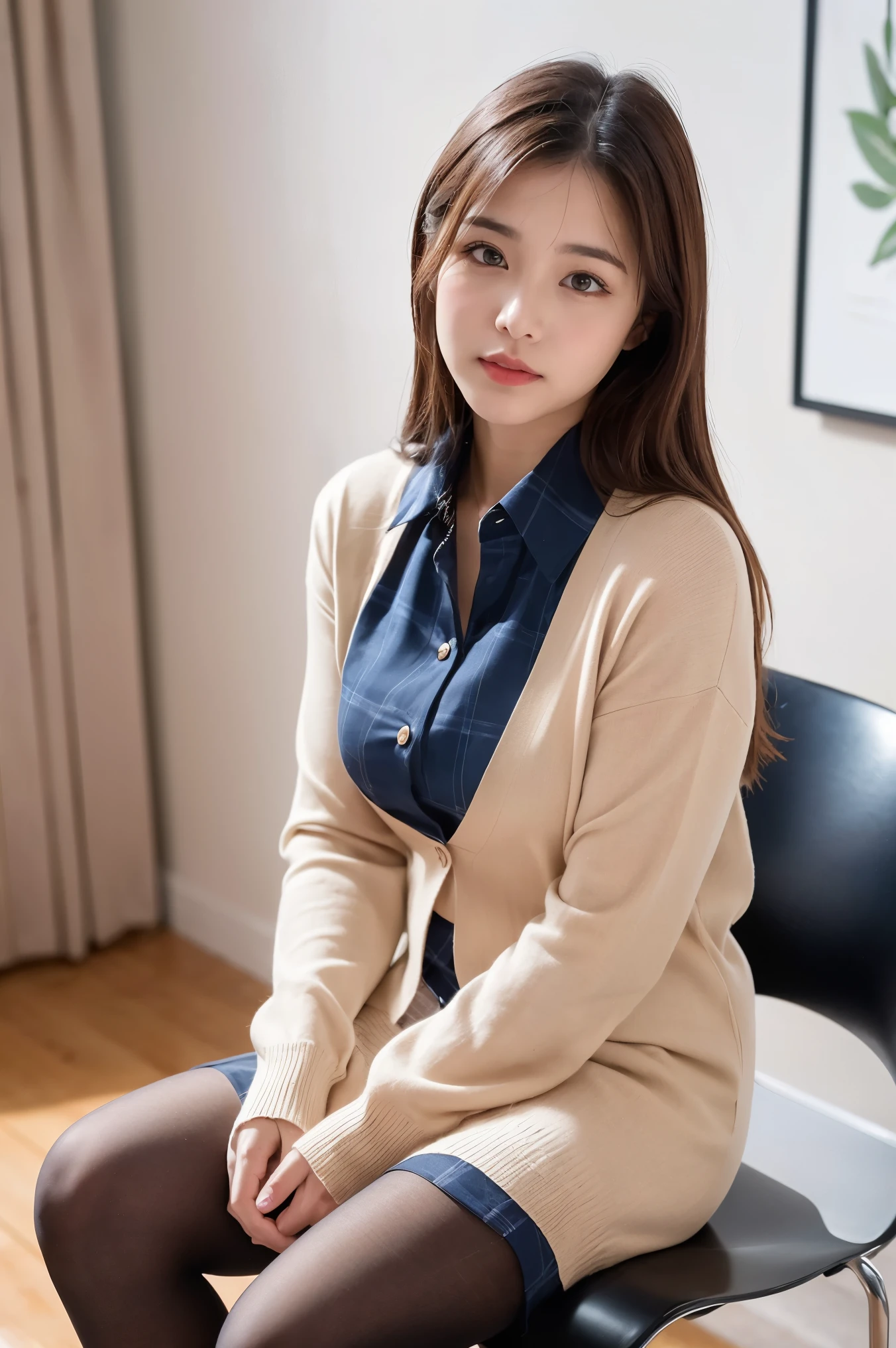 (((8k、High resolution、Highest quality、High resolution)))alone、Natural body shape、White skin、Natural Makeup、((Black Hair、bangs、Straight Long Hair))、((()))、、(Sit cross-legged in a chair:1.4)、(())、(((((Full body photo)))))、(((Looking into the camera、Sharp Eyes)))、(((Wear a uniform on the upper body)))、Bedroom、(((Of high school))) 、((white collared long sleeve blouse))、((Beige cardigan))、((Pleated skirt with dark blue plaid pattern、mini skirt、Ultra-realistic pantyhose))、、、Expressionless、((Exposing thighs))
