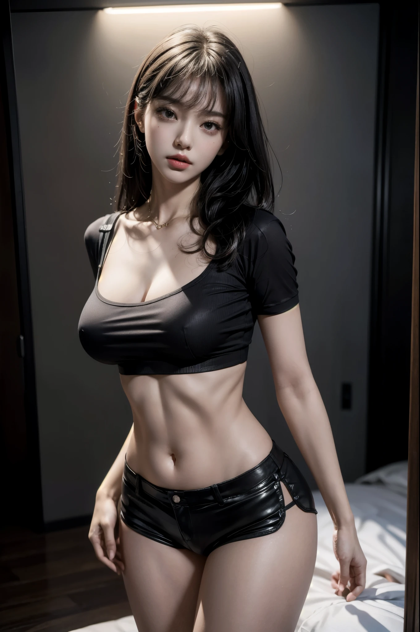 best quality, masterpiece, high resolution, 8k, (reality적인: 1.4), Ultra high resolution, 1 girl, very detailed, 초reality적인, very detailed CG 일러스트레이션, official art, Cinematic Light, reality, Young and beautiful girl, perfect look, perfect look, View all, perfect body, (Start below: 1.3), mask, pose, sexy long legs, confidence, Beautiful sexy, gray short sleeve, abdominal opening, Black super shorts, S-shaped body, Buttocks facing up, assumption, pose를 취하는 것, Diverse perspectives