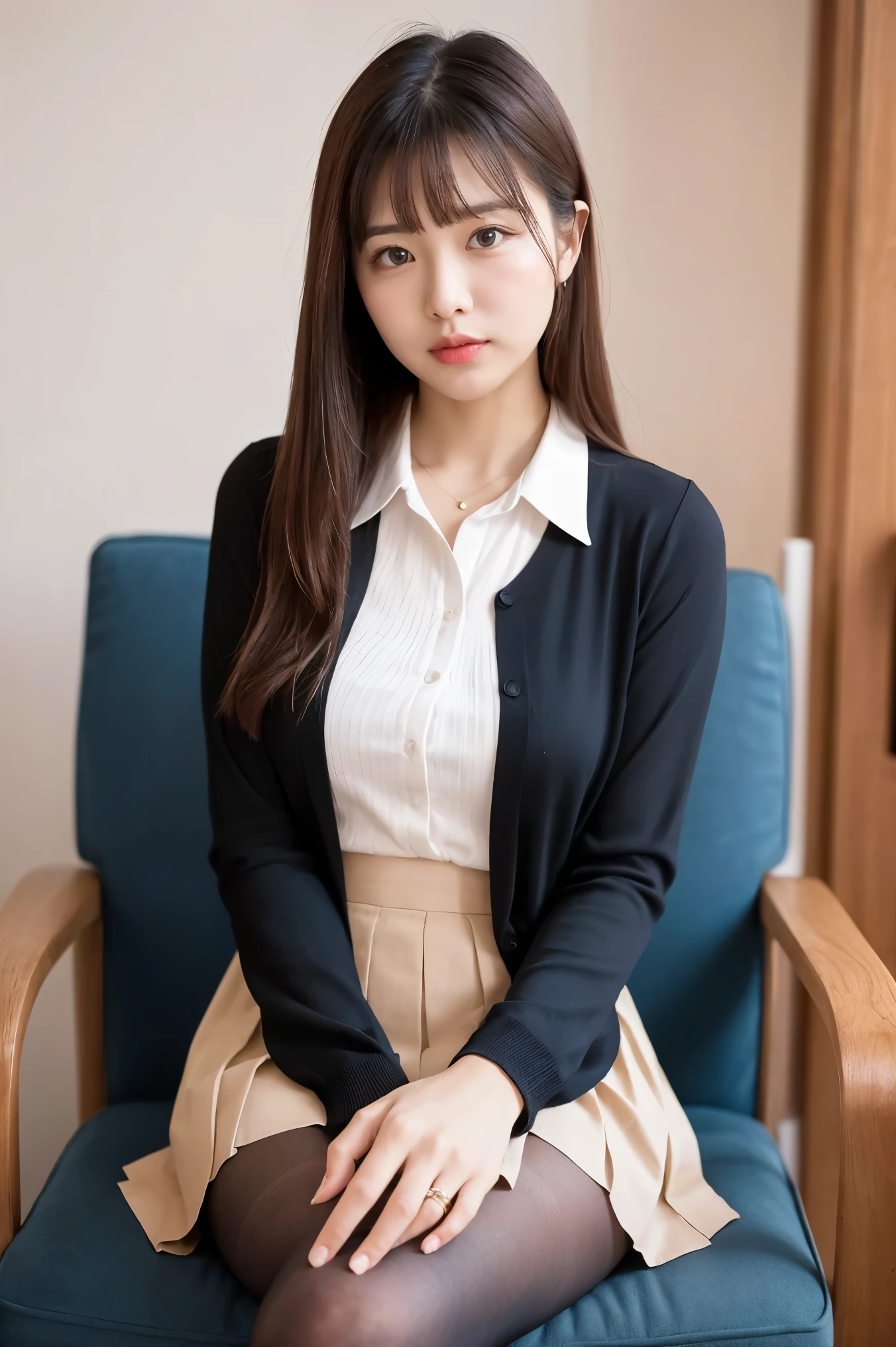 (((8k、High resolution、Highest quality、High resolution)))alone、Natural body shape、White skin、Natural Makeup、((Black Hair、bangs、Straight Long Hair))、((()))、、(Sit cross-legged in a chair:1.4)、(())、(((((Full body photo)))))、(((Looking into the camera、Sharp Eyes)))、(((Wear a uniform on the upper body)))、Bedroom、(((Of high school))) 、((white collared long sleeve blouse))、((Beige cardigan))、((Pleated skirt with dark blue plaid pattern、mini skirt、Ultra-realistic pantyhose))、、、Expressionless、((Exposing thighs))