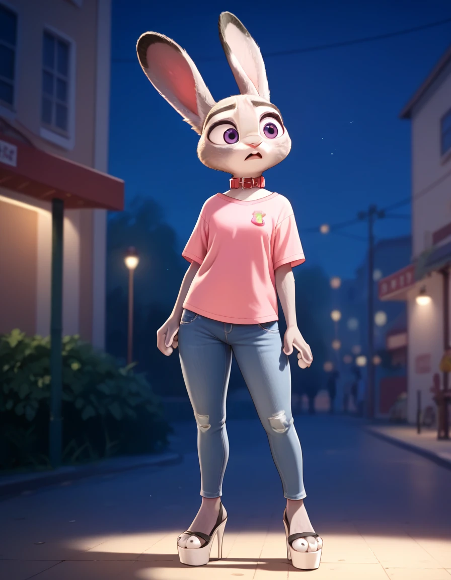 Fraction_9, Fraction_8_up, Fraction_7_Direction_6_up, src_hairy, judyhopps is confused, dark, night, Backlight, Solitary, Pink shirt, jeans, Keep your arms at your sides, Front view, portrait, fullbody shot, platform high heels, collar