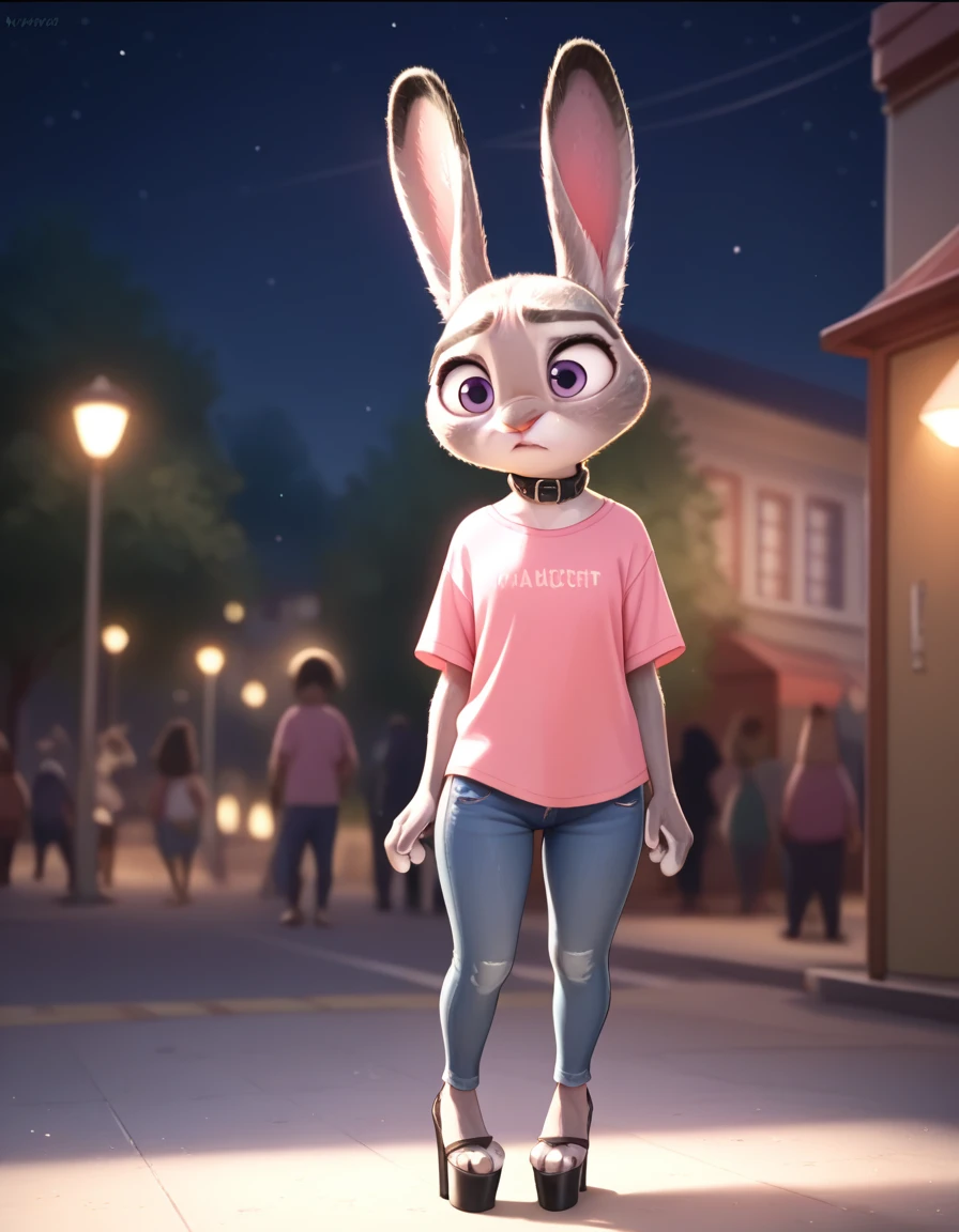 Fraction_9, Fraction_8_up, Fraction_7_Direction_6_up, src_hairy, judyhopps is confused, dark, night, Backlight, Solitary, Pink shirt, jeans, Keep your arms at your sides, Front view, portrait, fullbody shot, platform high heels, collar