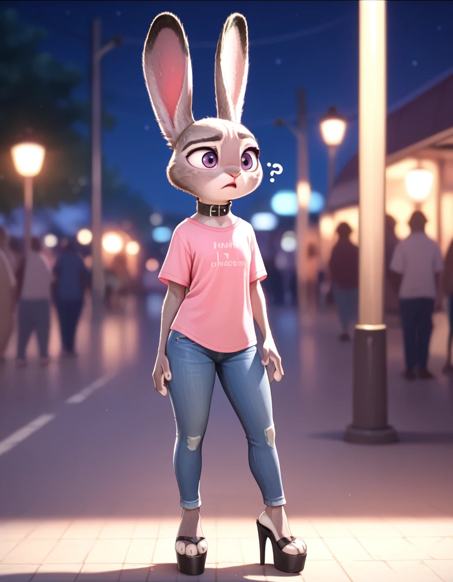 Fraction_9, Fraction_8_up, Fraction_7_Direction_6_up, src_hairy, judyhopps is confused, dark, night, Backlight, Solitary, Pink shirt, jeans, Keep your arms at your sides, Front view, portrait, fullbody shot, platform high heels, collar