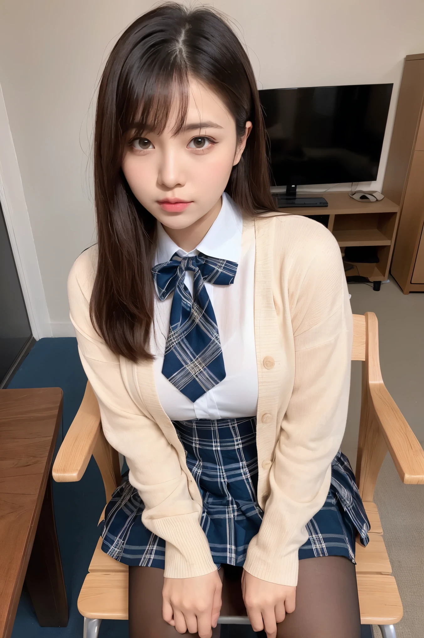 (((8k、High resolution、Highest quality、High resolution)))alone、Natural body shape、White skin、Natural Makeup、((Black Hair、bangs、Straight Long Hair))、((()))、、(Sit cross-legged in a chair:1.4)、(())、(((((Full body photo)))))、(((Looking into the camera、Sharp Eyes)))、(((Wear a uniform on the upper body)))、Bedroom、(((Of high school))) 、((white collared long sleeve blouse))、((Beige cardigan))、((Pleated skirt with dark blue plaid pattern、mini skirt、Ultra-realistic pantyhose))、、、Expressionless、((Exposing thighs))