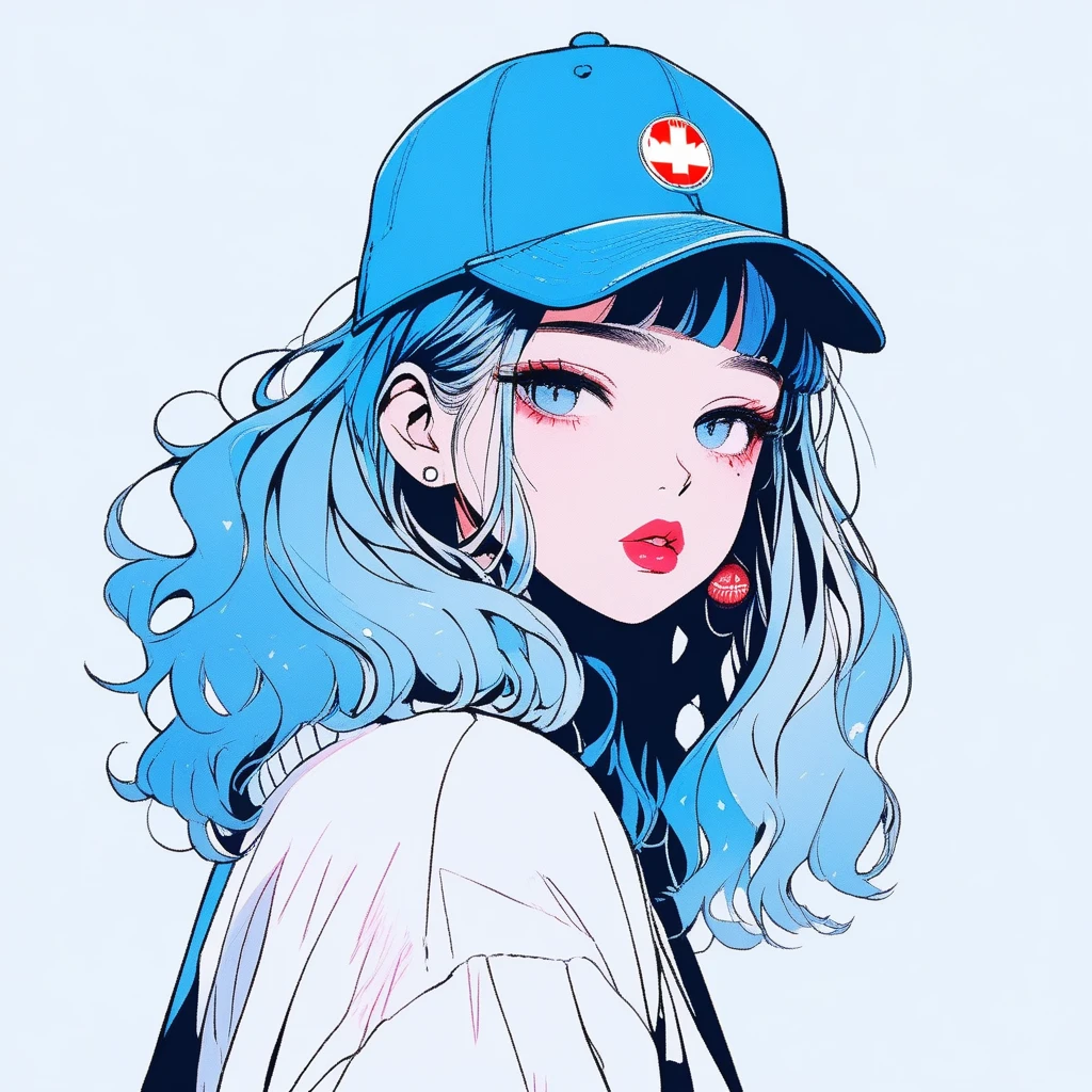ilustrador, Japanese cartoons , Practical ,sketch , 1 girl, ,Lips, sweater,Order, Blue gradient background, Neon hair,Texture decoration, Canada, (masterpiece,best quality) glycerin,Baseball cap