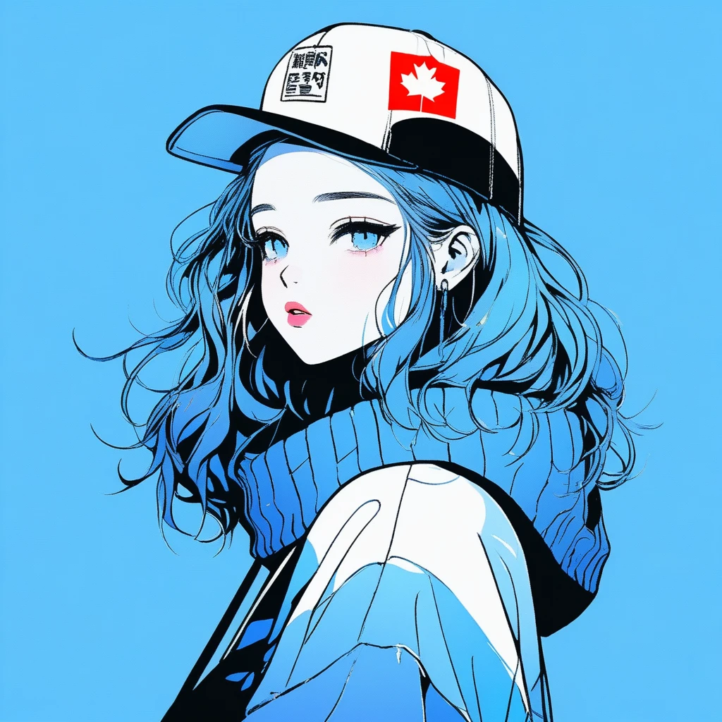 ilustrador, Japanese cartoons , Practical ,sketch , 1 girl, ,Lips, sweater,Order, Blue gradient background, Neon hair,Texture decoration, Canada, (masterpiece,best quality) glycerin,Baseball cap