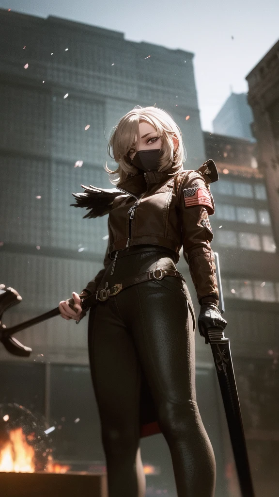 Masterpiece, テーブルサイズのミニチュア, Highest quality, 4K, The face is precise(((must))), concept art, best shot, Holding a beautifully decorated long sword, A brave pose, head to toe((must)), aschgray haired early 20's Russian girl, Wearing jet black protector, cutting edge protective gear, The background is a battlefield, Ilya Kuvshinov's style