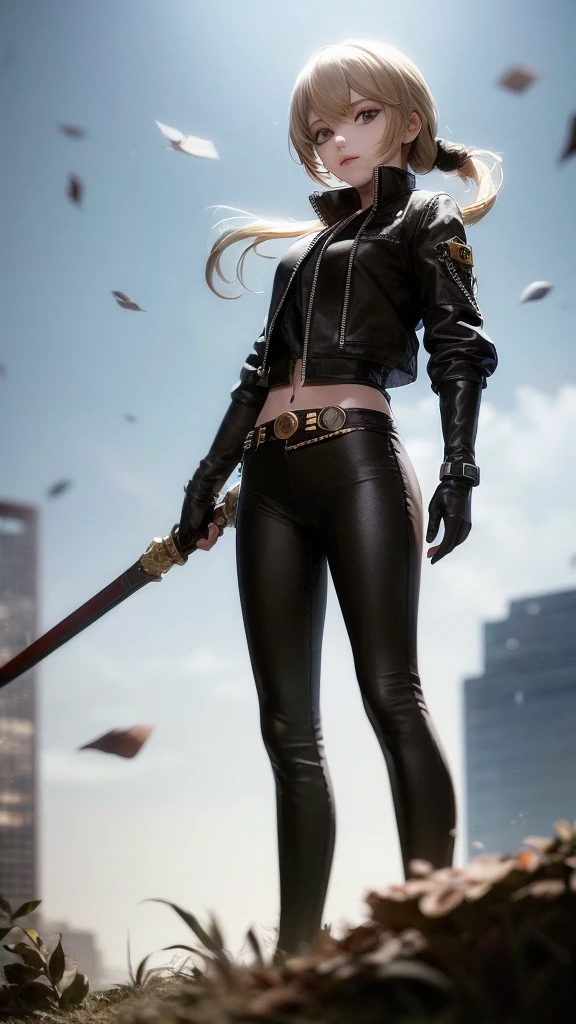 Masterpiece, テーブルサイズのミニチュア, Highest quality, 4K, The face is precise(((must))), concept art, best shot, Holding a beautifully decorated long sword, A brave pose, head to toe((must)), aschgray haired early 20's Russian girl, Wearing jet black protector, cutting edge protective gear,  The background is a battlefield, Ilya Kuvshinov's style