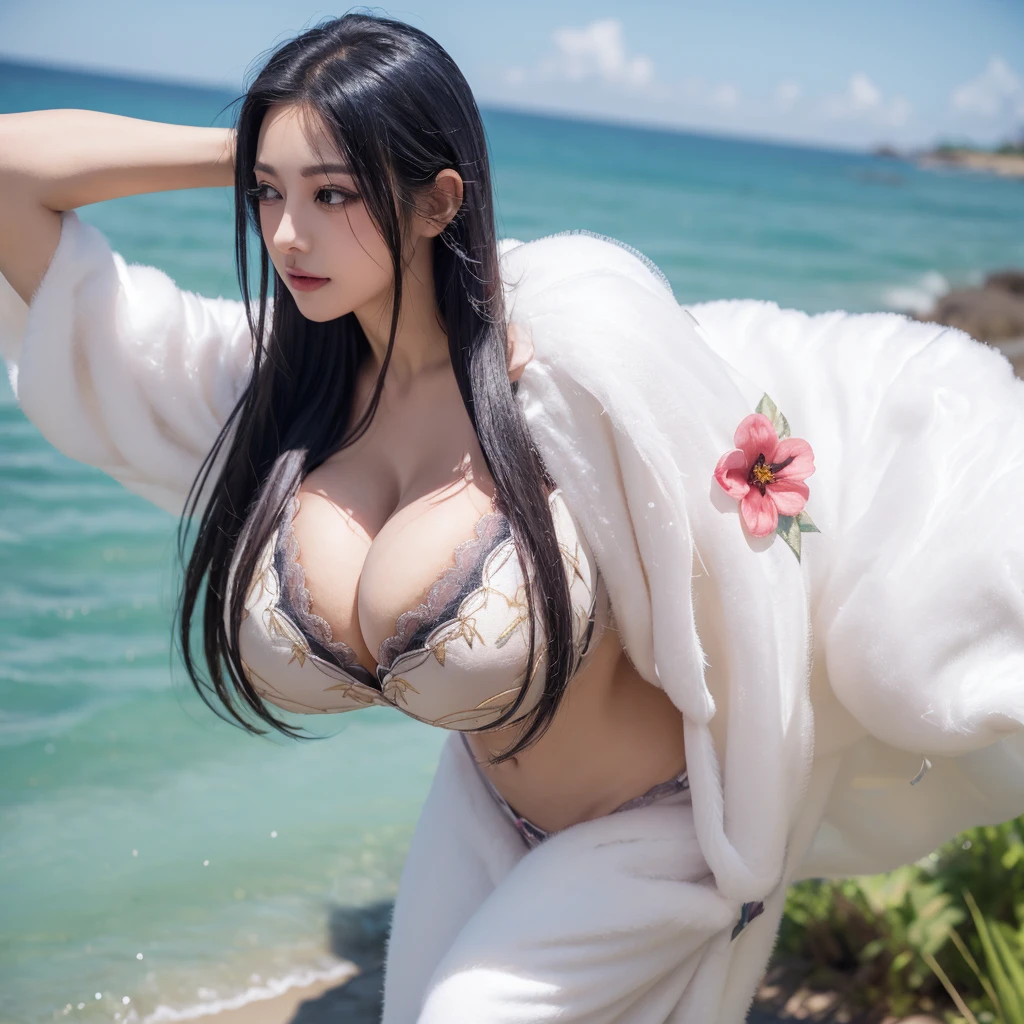 Black hair pink eyes (((((cleavage)))))Hair Flower seaside (((Long eyelashes))),ahoge,(((Long eyelashes))),((Extremely long hair)),(Flower Tattoo),((straight_hair)),navel,((((gigantic breasts)))),