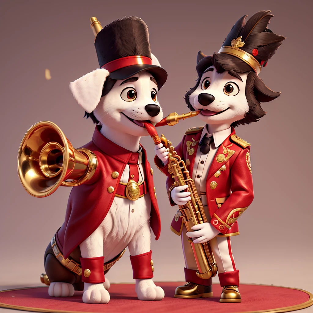 The puppy is playing the saxophone, master piece, ultra detailed, hyper realistic, lifelike photograph, marching band uniform featuring a bold crimson jacket with intricate gold embroidery, crisp white pants with sharp black stripes, a majestic plume-adorned shako, and gleaming white gloves, 