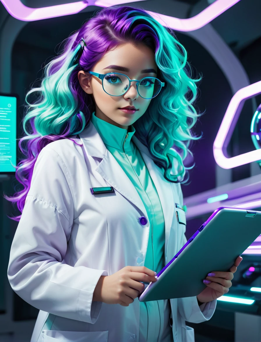 A young woman with wavy, teal-colored hair and round glasses, displaying a confident and focused demeanor. She is dressed in a futuristic lab coat over a white outfit, with glowing neon purple accents. She holds a tablet and a glowing clipboard, suggesting a high-tech environment. The background is a deep white, complementing her vibrant appearance.