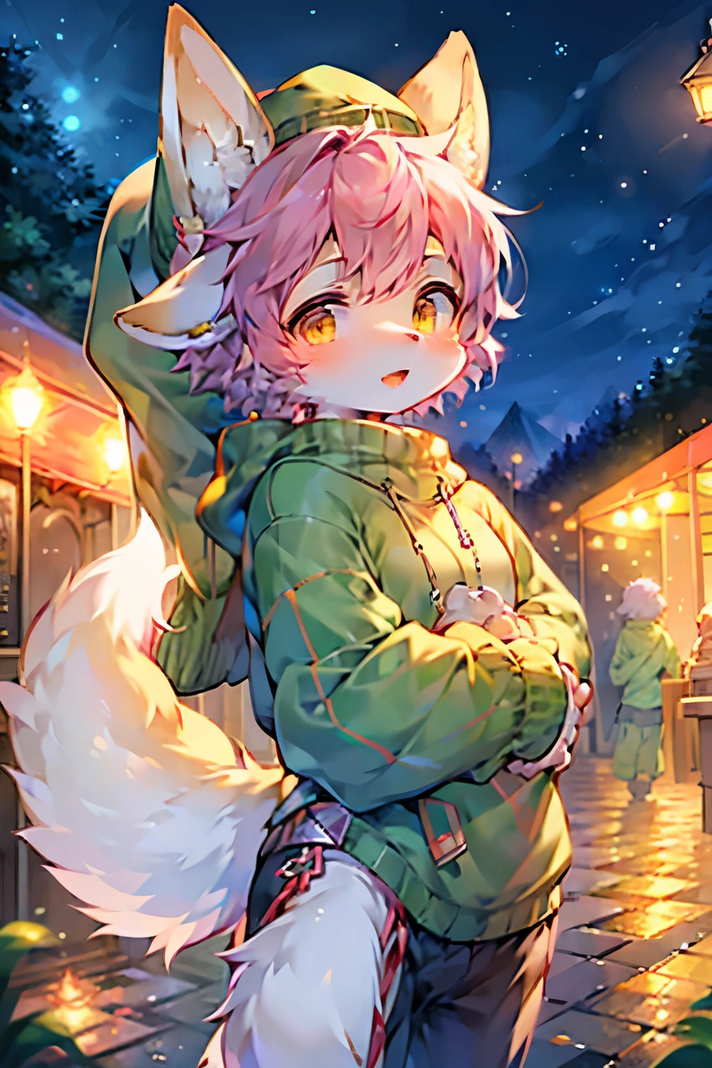 Outdoor bright scene，Fox Girl，Furry women，Baby characteristics，Pink Hair，White skin，Green sweatshirt，Wearing a sweater hat