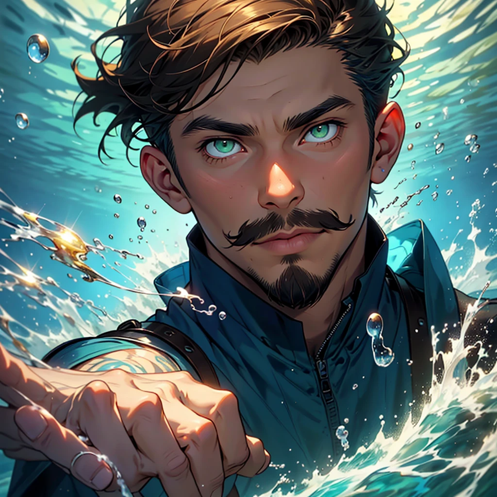 Portrait drawing, show the full head. Underwater man with short cut brown hair pulled back, green eyes and a hooked nose. He looks relaxed, his eyebrows are straight. He has a short mustache and goatee. He is wielding waterbending magic. The suroundings is dark blue sea waters, bubbles.