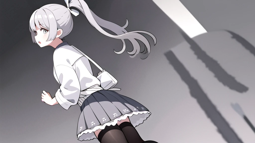 1 girl, Japanese clothes, ponytail ,gray hair, gray eyes, wallpaper, landscape, depth of field, open jacket, skirt, knee socks