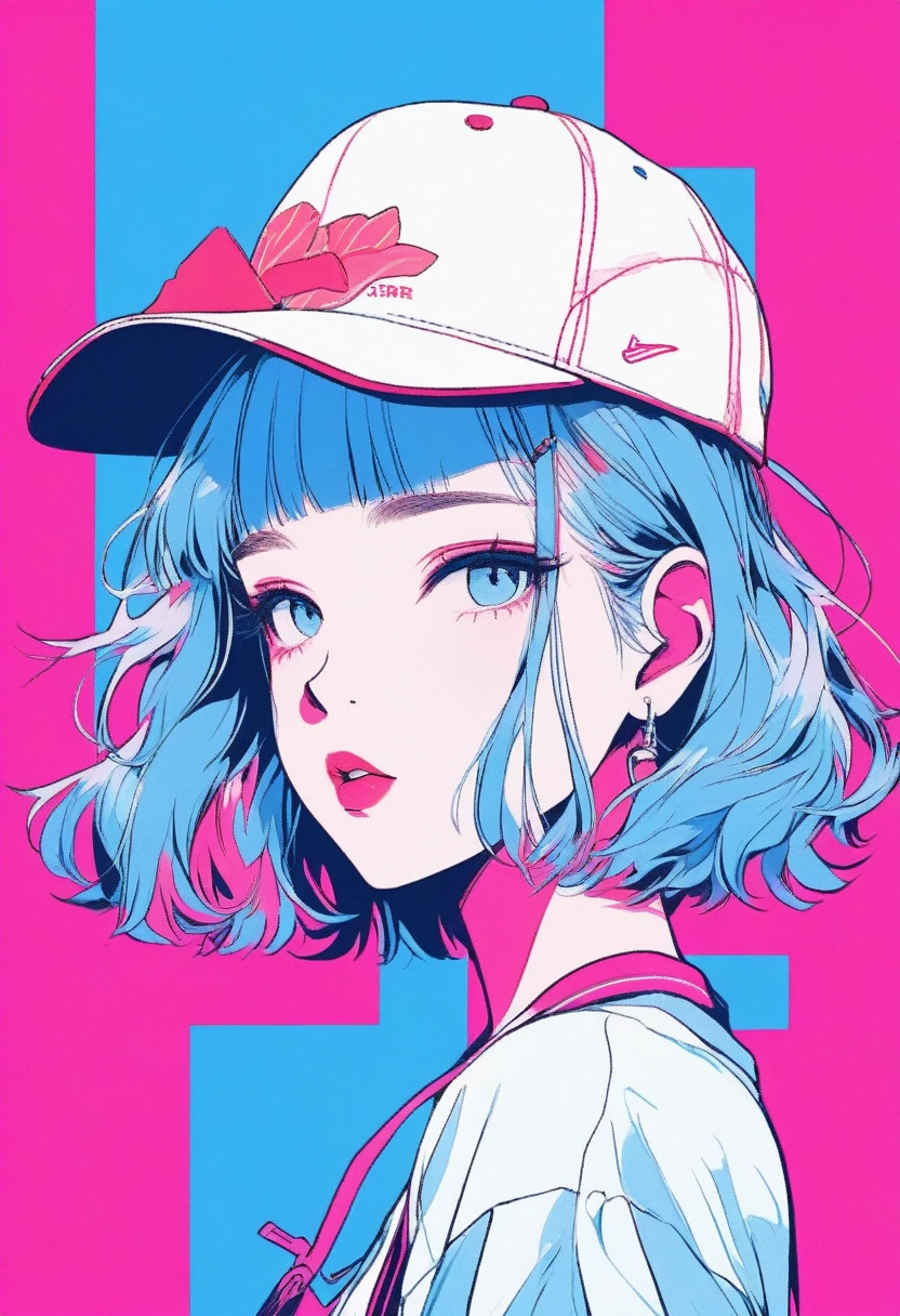 ilustrador, Japanese cartoons , Practical ,sketch , 1 girl, ,Lips, summer,Short sleeve，Order, Blue gradient background, Neon hair,Texture decoration, Canada, (masterpiece,best quality) glycerin，Baseball cap