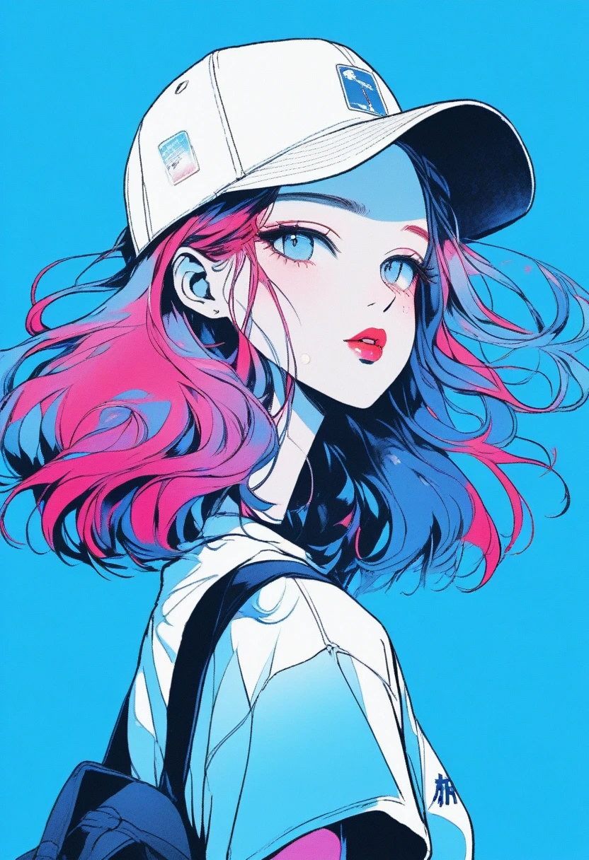 ilustrador, Japanese cartoons , Practical ,sketch , 1 girl, ,Lips, summer,Short sleeve，Order, Blue gradient background, Neon hair,Texture decoration, Canada, (masterpiece,best quality) glycerin，Baseball cap