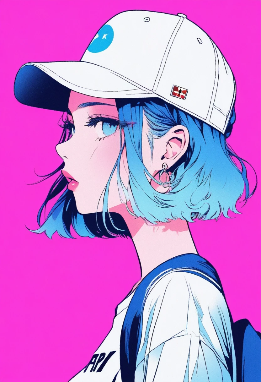 ilustrador, Japanese cartoons , Practical ,sketch , 1 girl, ,Lips, summer,Short sleeve，Order, Blue gradient background, Neon hair,Texture decoration, Canada, (masterpiece,best quality) glycerin，Baseball cap