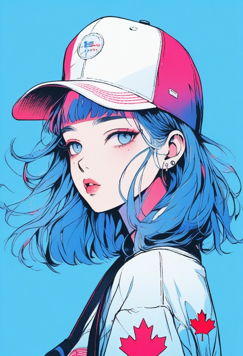 ilustrador, Japanese cartoons , Practical ,sketch , 1 girl, ,Lips, summer,Short sleeve,Order, Blue gradient background, Neon hair,Texture decoration, Canada, (masterpiece,best quality) glycerin,Baseball cap