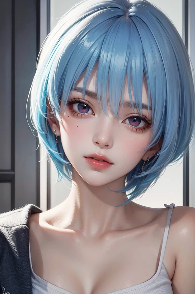 Masterpiece, Best Quality, 8K, Detailed Skin Texture, Detailed Cloth Texture, Beautiful Detail Face, Intricate Detail, Ultra Detailed, Portrait of Rei Ayanami, Blue Hair, Red Eyes, Head Tilt, No Background