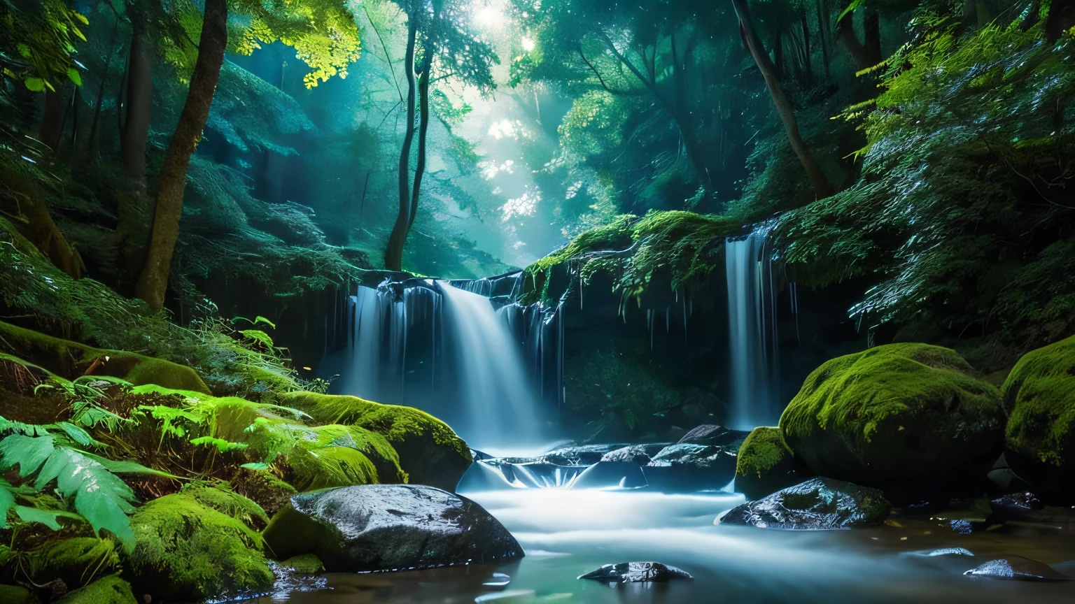 Enchanted Forest at Dusk, Towering ancient tree々A fantastic light shines through the gaps, Vividly drawn lush undergrowth, Mysterious creatures lurking in the shadows, Twinkling fairy lights weave among the leaves, Sparkling pure water flows、Crystal clear stream, Magical waterfall in the background, Fantastic wild animals drinking water at the water's edge, Very detailed, Photorealistic textures for any surface, Soft, diffused lighting creates a calming atmosphere, High Dynamic Range, Ultra HD 8K resolution, Depth of field to accentuate the magical focus, Art by Thomas Kinkade and Roger Dean, Immersive, Otherworldly beauty captured in cinematic quality,