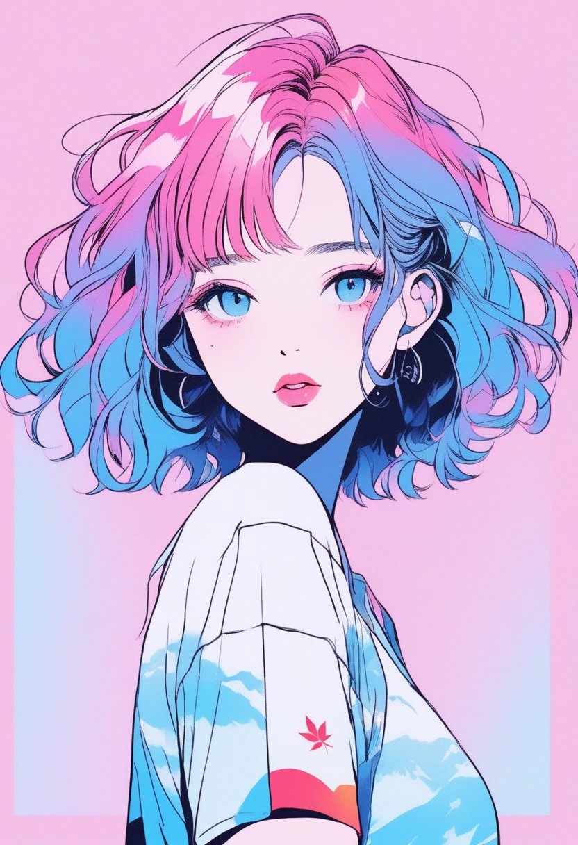 ilustrador, Japanese cartoons , Practical ,sketch , 1 girl, ,Lips, summer,Short sleeve,Order, Blue gradient background, Neon hair,Texture decoration, Canada, (masterpiece,best quality) glycerin,
