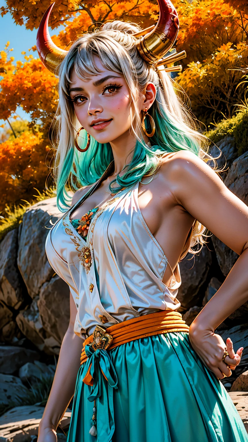 masutepiece, ((Ultra detailed backgrounds, Delicate pattern, intricate high detail)), (ighly detailed, finedetail), Best Quality,Beautiful and shining breasts, lean girl, Very thin girl))), (cowboy shot), YamatoV2, The long-haired, 1girll, banya, whaite hair, Yui, lor, red horns, Coil horn, Hair ornament colorful horns), jewely, earrings, Komono, Komono, hair stick, Sleeveless, Bare shoulders, aqua hair, side locks, hoop earings, Hakama, ssmile, Hefty Smile, ((Orange Eyes)), intricate detailed background, Outside, setting in nature, boulders, Sunny weather, Blue sky, Sky, punch
