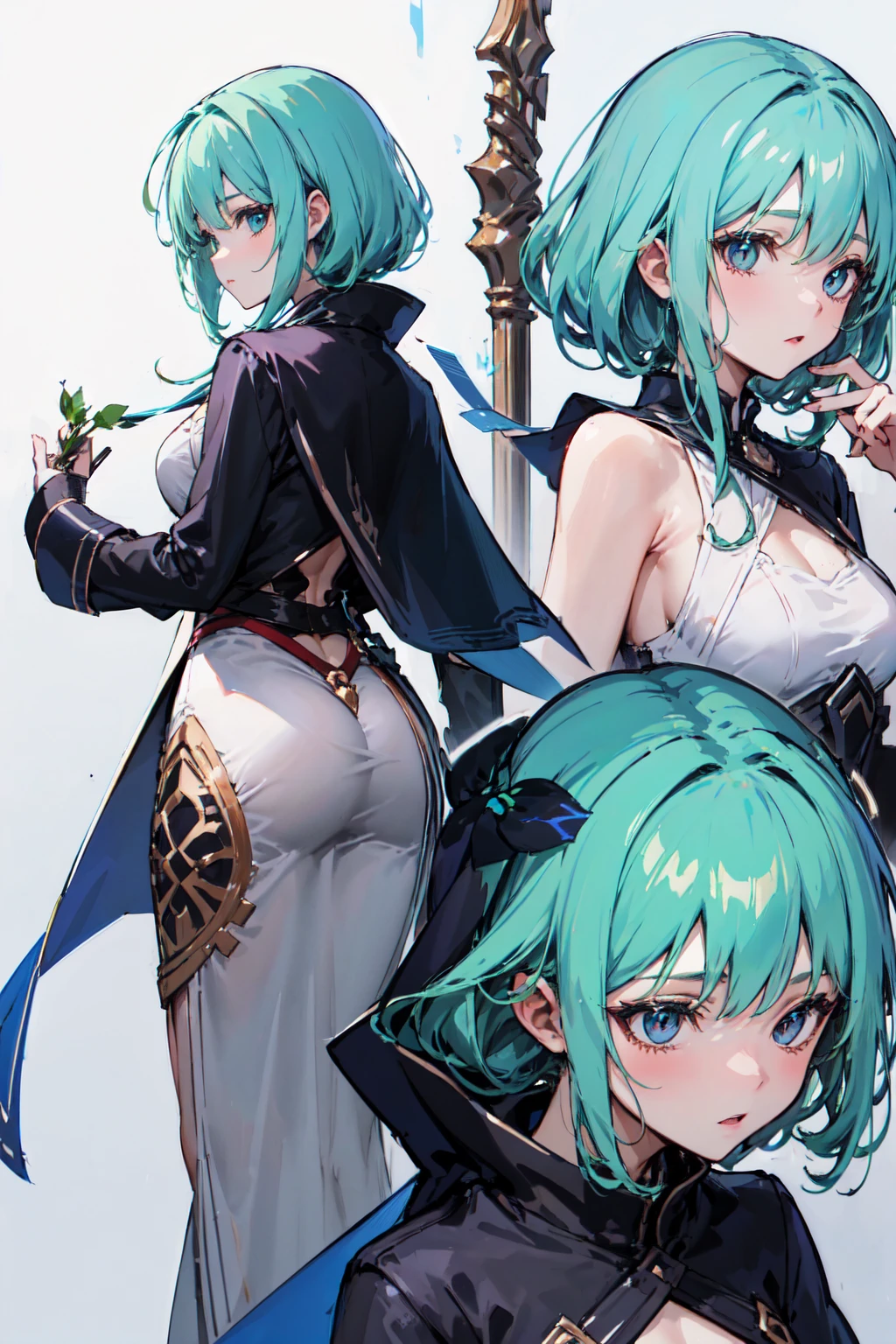 ,(Characтer Design Sheeт, same character, Frenтe, side, back), illustration, Young woman, green hair, средневековая Young woman, huntress,