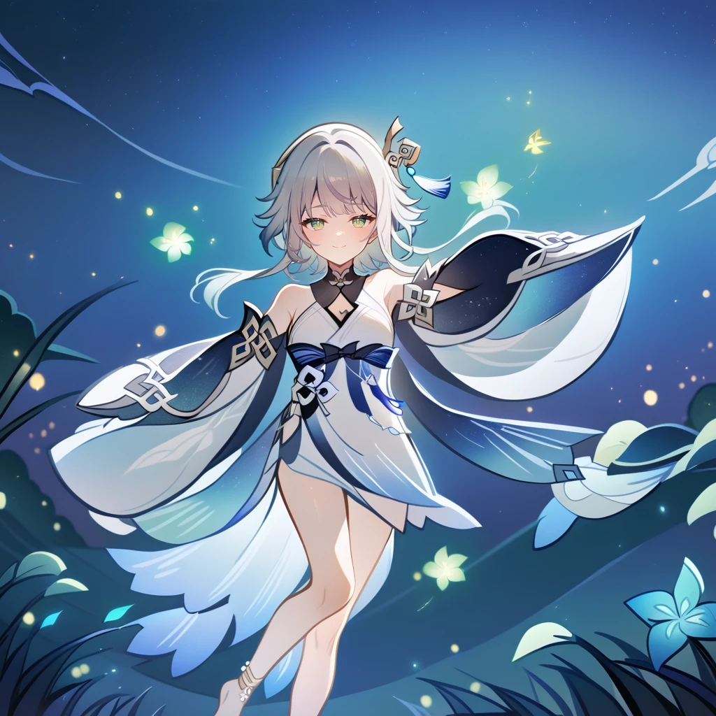 1girl, guizhong_\(genshin_impact\),light grey hair,short_hair_with_long_locks,starry_sky_print,detached_sleeves, long sleeves that drape over hands past fingers,dancing,hanfu,illustrated by matsuryuu and agahari and dsmile,pale green-grey eyes,stunning field of softly glowing blue and white glaze lilies,night scene,gentle smile,moonlight,glossy lips,soft anime coloring,cel shading,smooth, soft dreamy focus,anklet,halter_top,white clothes,highly detailed,digital painting,field of flowers,bare_shoulders,mihoyo,barefoot,cool night tones, magical night scene,masterpiece, best quality, film, bokeh, multicolored light particles,professional, 4k, highly detailed,fireflies,Guardian nebula of rainbow light and silvery vapor,ai-generated,goddess of stardust,realistic:.25,starry_sky,milkyway