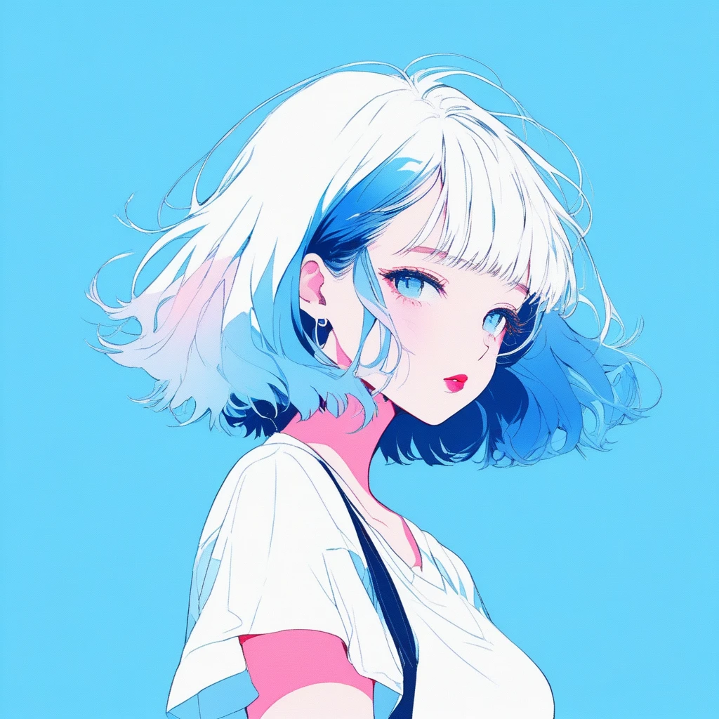 ilustrador, Japanese cartoons , Practical ,sketch , 1 girl, ,Lips, summer,Short sleeve,Order, Blue gradient background, Neon hair,Texture decoration, Canada, (masterpiece,best quality) glycerin,