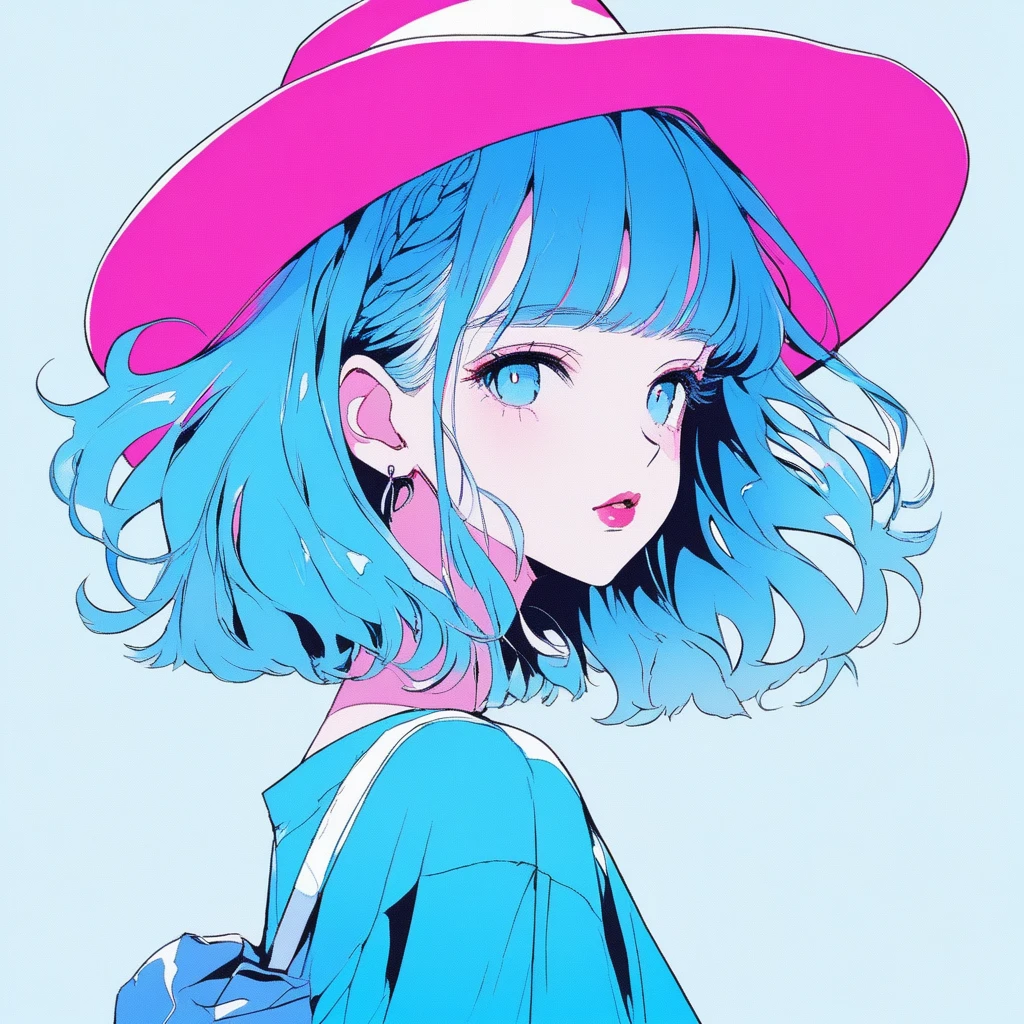 ilustrador, Japanese cartoons , Practical ,sketch , 1 girl, ,Lips, summer,Short sleeve，Order, Blue gradient background, Neon hair,Texture decoration, Canada, (masterpiece,best quality) glycerin，