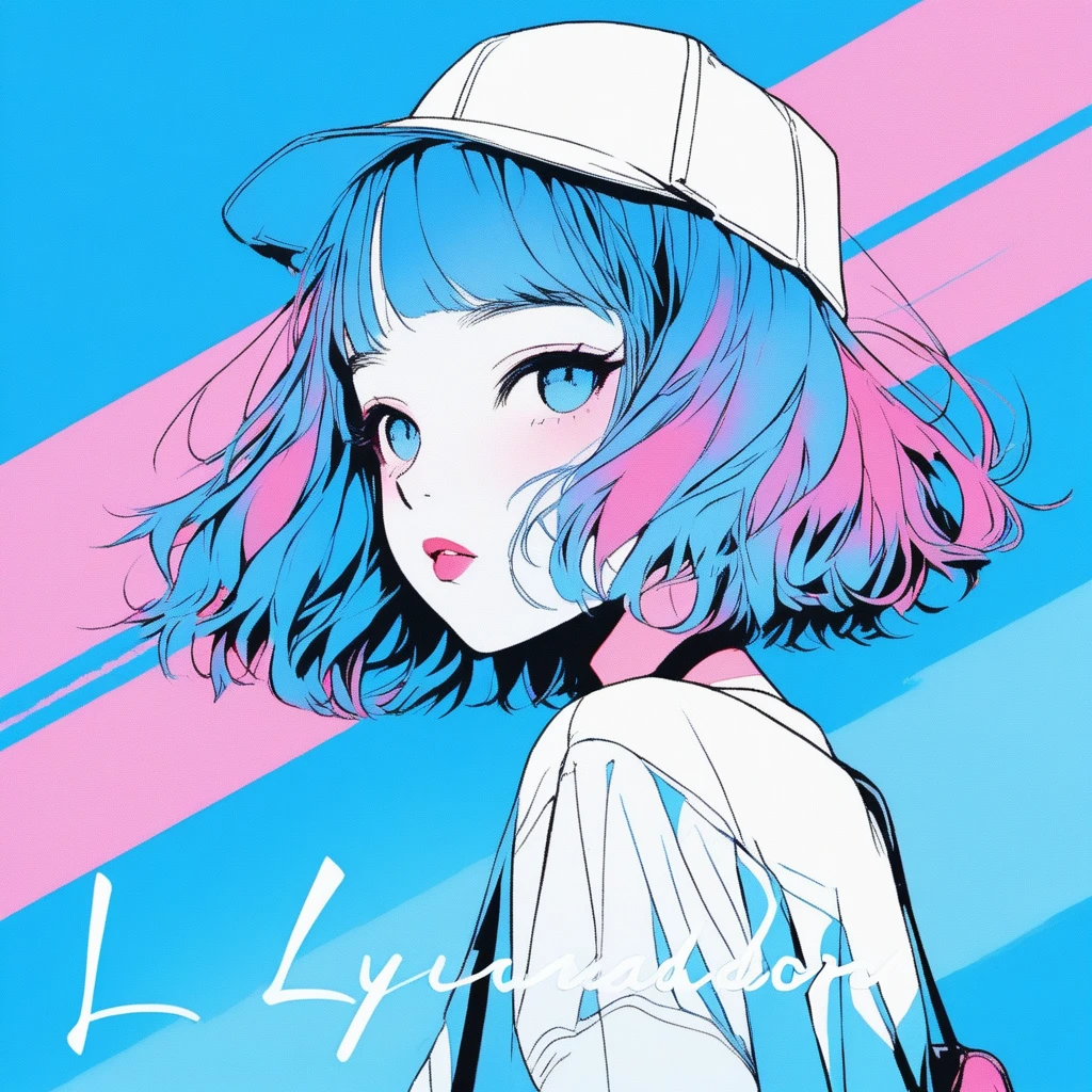 ilustrador, Japanese cartoons , Practical ,sketch , 1 girl, ,Lips, summer,Short sleeve,Order, Blue gradient background, Neon hair,Texture decoration, Canada, (masterpiece,best quality) glycerin,