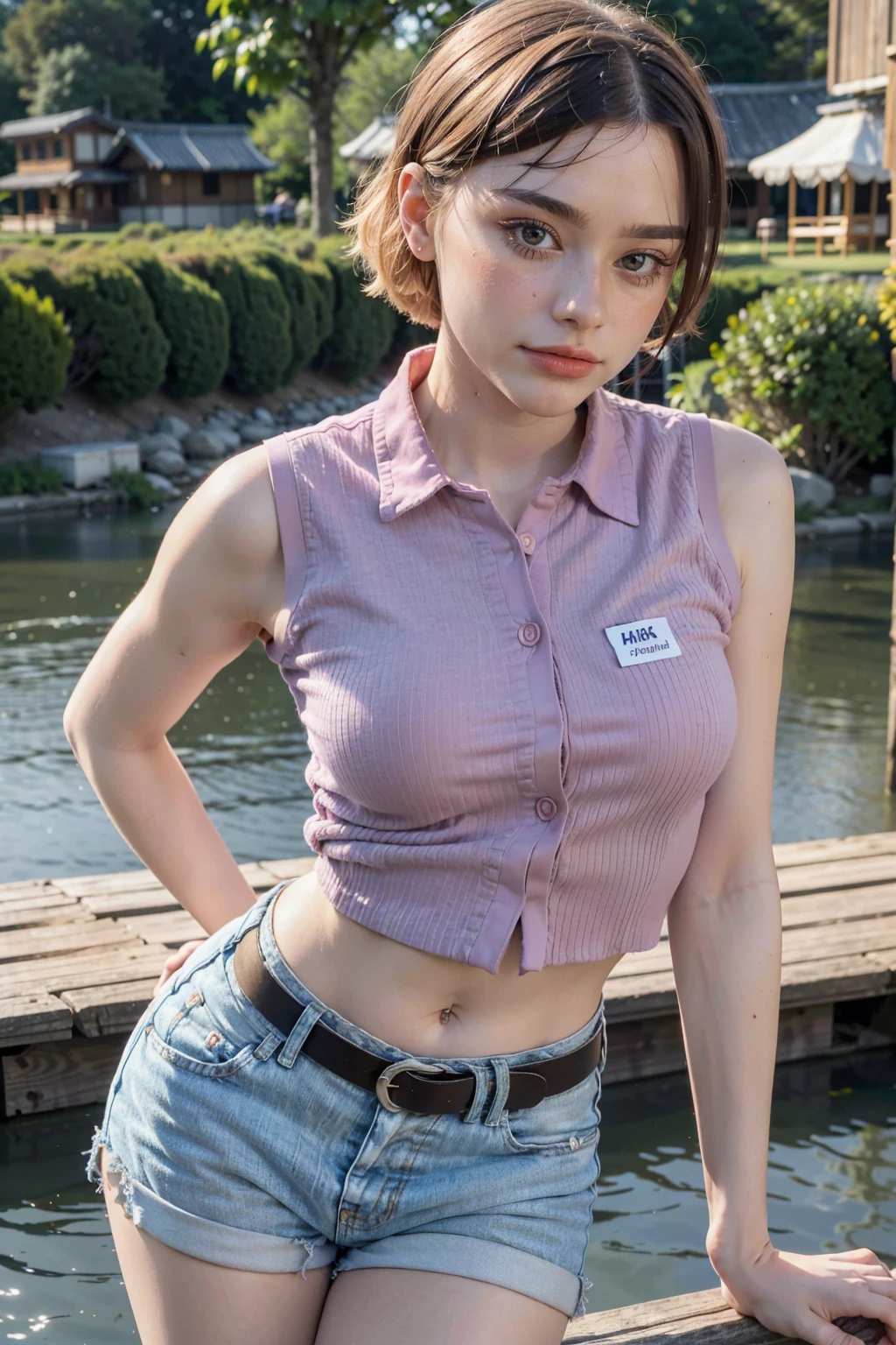 1girl ((30 years old woman)), tarankaaa, NOT DASHA TARAN, standing position, perfect body, best quality, 32k, photograph, full body (head to toe), tone mapping, ((houjou satoko,short hair,black hairband,blonde hair,violet eyes,hair between eyes,collared shirt,sleeveless shirt,pink shirt,shirt tucked in,small ,belt,short shorts,blue shorts,white socks,pink footwear, athletic, big girl)), asian-european, ((golden blonde hair, short hair, purple eyes)) perfectly drawn hands, ((masterpiece)), ((highres)), ((detailed background)), japanese village background, next to a river, (big proportions), cute pose, smiling, ((perfect eyes, detailed eyes, realistic eyes)), ((sharp face, detailed face, realistic face, natural skin, realistic skin, detailed skin, pores)),