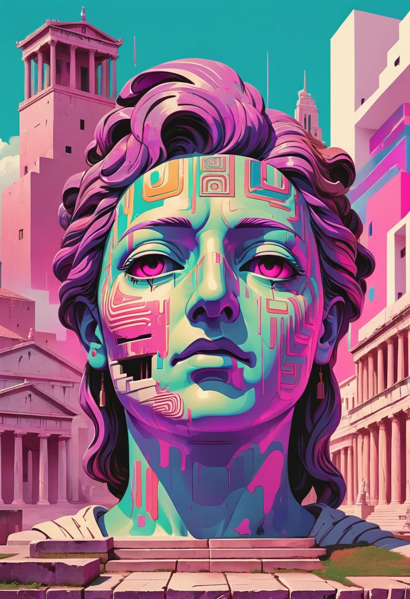 A poster of the ancient Roman city with Greek architecture in the vaporwave style with multicolored patterns and digital elements inspired in the style of synthpunk, featuring a big face made from an antique statue, and "60423578" written in the bottom right corner. The colors include electric blue, magenta, orange, yellow, green, pink, purple, red, white, black, and brown. In a surrealistic style, it features psychedelic details on top of the glitched faces and buildings