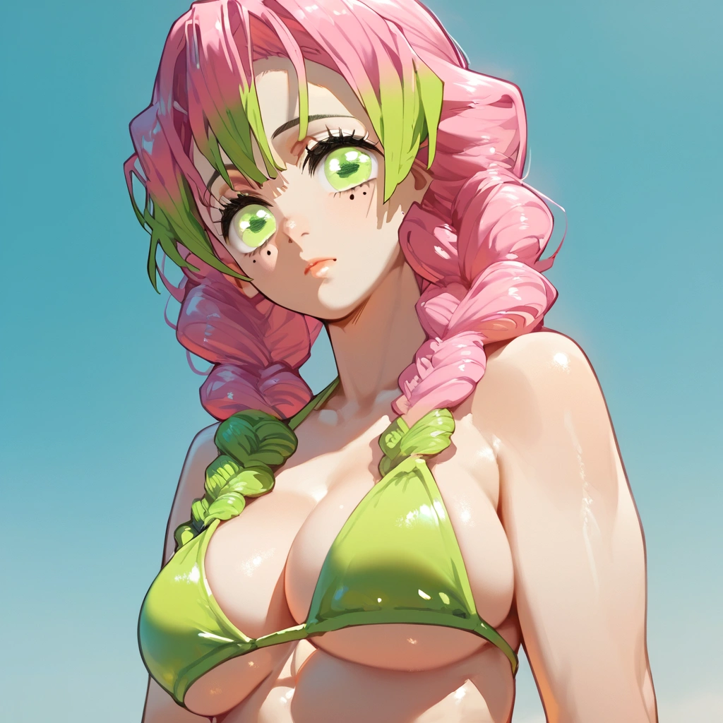 score_9, score_8_up, score_7_up, score_6_up,ChopioMitsuri, long hair, pink hair, green hair, twin braids, multicolored hair, green eyes, eyelashes, mole under eye, looking at viewer, large breasts, bikini, lime bikini, 