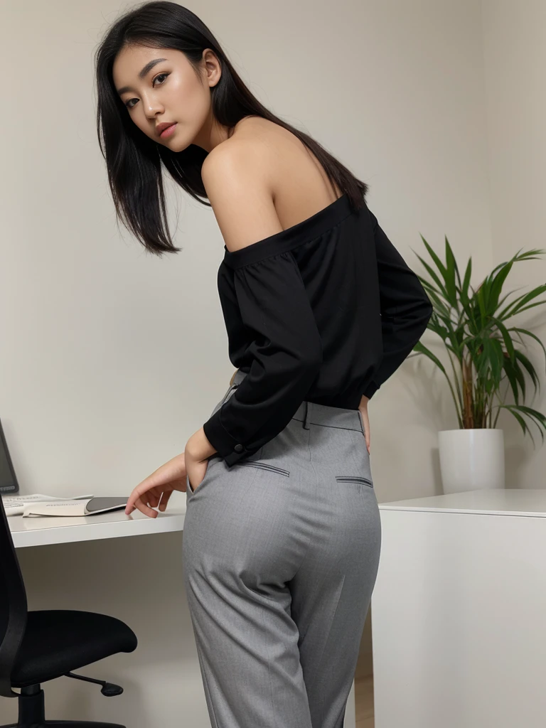 1girl, high quality, high resolution, 4k, 22 year old beautiful asian girl, very slim, tall. black hair, off shoulder, sexy secretary clothes, trousers, shirt, lips, realistic, nose, flirting with camera, bending on office desk, nice ass, looking seductively at viewer