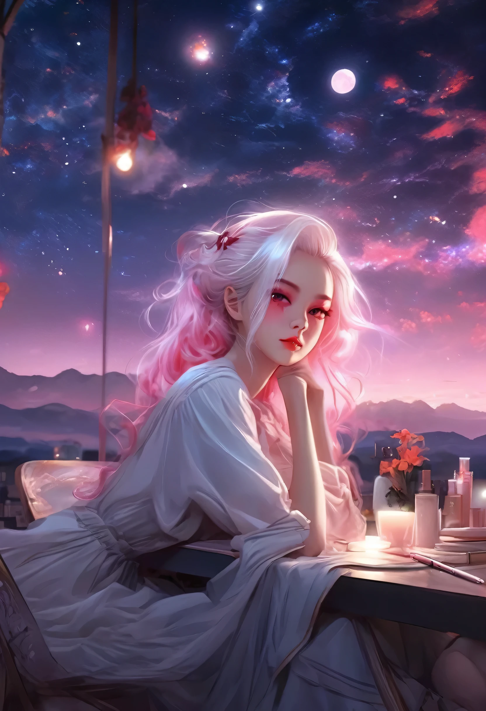 Be a girl with a pink complexion, beautiful eyes (Red Eyes) Deep as the night sky, Half of a sad face lying on the table, White hair, Watching you, There is anime/Semi-realistic art style  