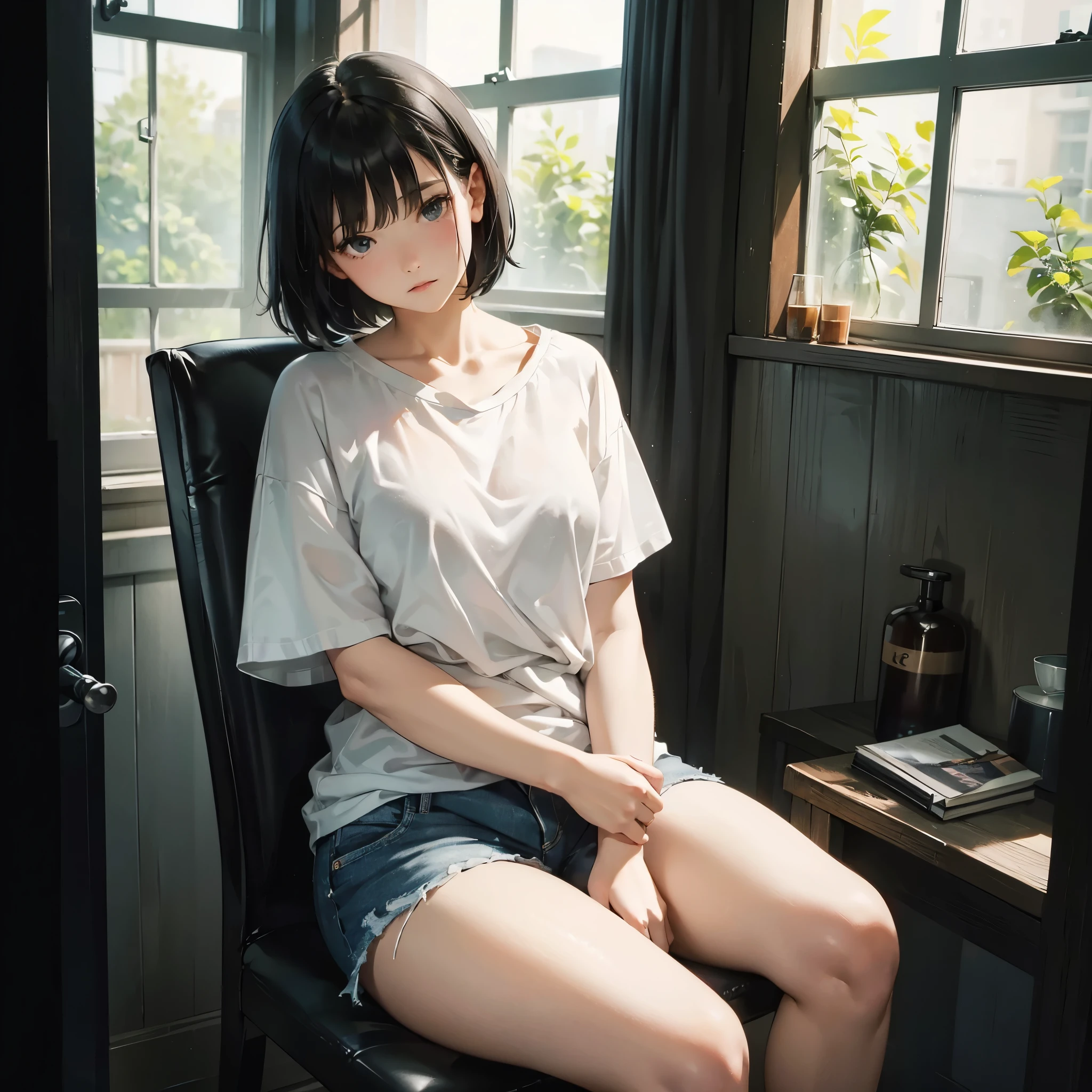 ( Highest quality, Ultra-high resolution)、girl、Black Hair、Bob Hair、melancholy、Staring out the window、A simple white T-shirt with a loose fit around the neck、Shorts、Near large windows、indoor、Sit sloppily、Outside the window it&#39;s bright, blue sky、The room is dark、Erect nipples are see-through、nsfw