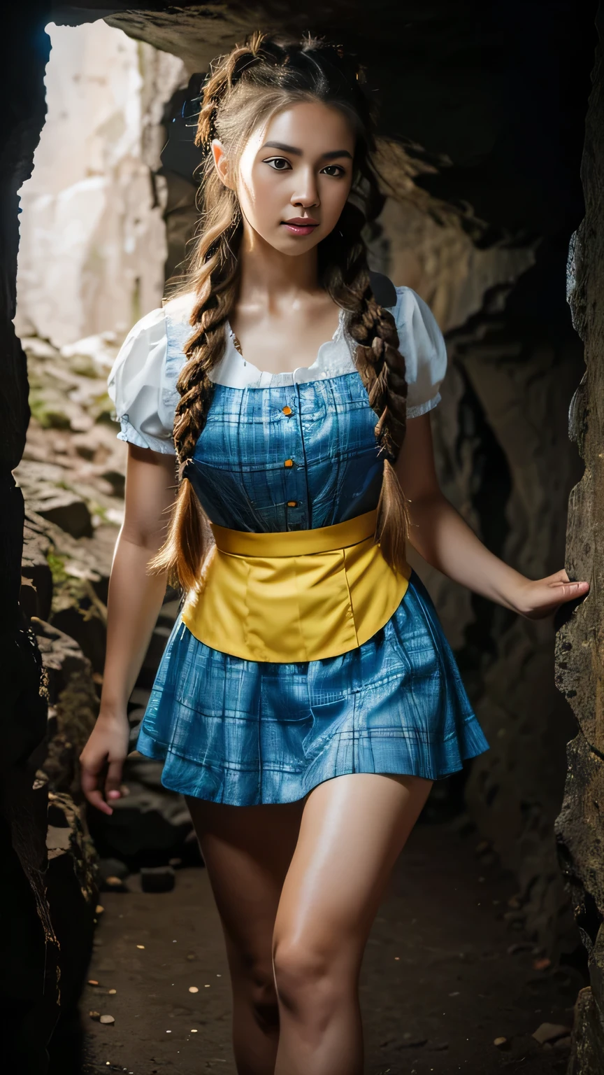 (Surreal), (picture), (High resolution), (In 8K), (Very detailed), (Best Illustration Photos), (Beautiful and fine details), (Highest quality), (Ultra-detailed), (masterpiece), (wallpaper), (Detailed face), solo, One Girl, White Wavy Hair, Korean Beauty,Black Eyes, (A loose-fitting blue and yellow checked maid outfit), Long legs, Toned Abs, stockings、((Curly hair in braids、good1))、In a dark cave、(Pause_random)