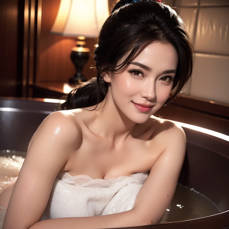 a gorgeous milf, medium length hair in ponytail, soaking wet, lying in a bathtub, smiling shyly, reddish cheeks, detailed face, perfect skin, intricate details, luxury bathroom, steam, bath bubbles, dramatic lighting, cinematic, photorealistic, 8k, hyper detailed, masterpiece