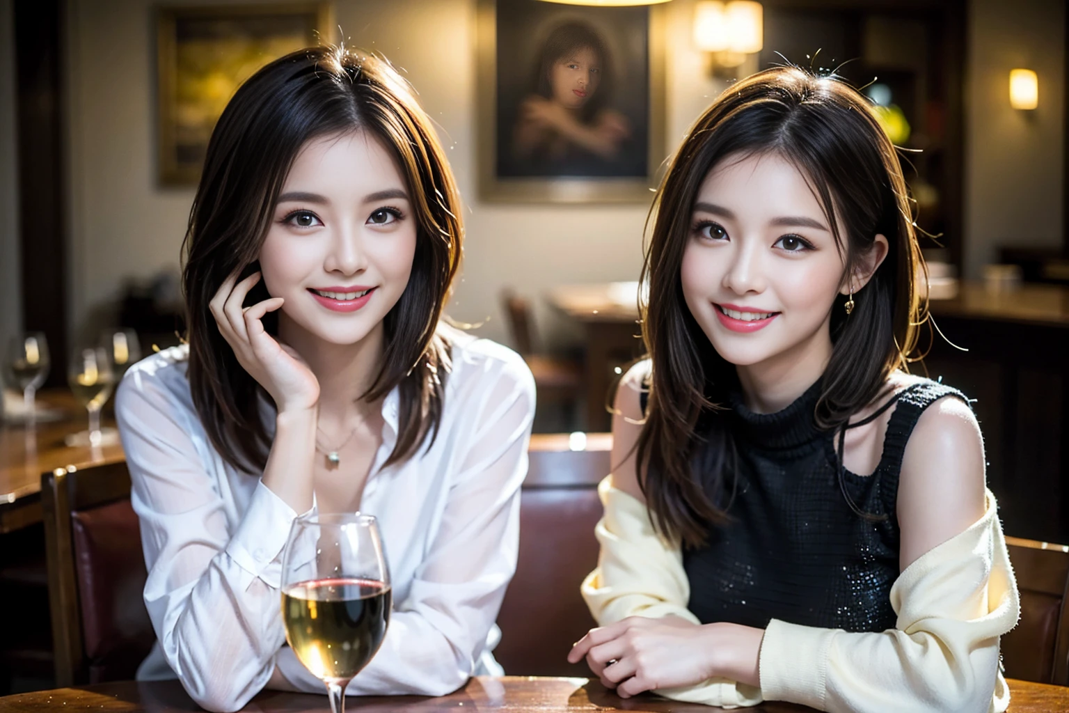((Highest quality、8k、masterpiece:1.3))、Shortcuts、cute、slimカップル、modelカップル、actress男優、(Realistic, Intricate details:1.2), full-course dinner、Wine Party、Amazing view of the sunset sky and clouds、A bright smile、short hair,Bright Face、45 years old), 42 years old, red wine 、Appetizers、Italian food、Wine bottle、Champagne、sparkling wine、Two beauties、Brown Hair、Shortcuts、Long sleeve shirt、dress、Beautiful woman 1, (slimな顔), (The body is slim), (Brown Hair), (Shortcuts), cheeks turn a little red,Attractive beauty、restaurant, In a prominent place (From the waist up) Nova Frog Style, actress, model, Upper Body, White wine, slim, wine glass, 中央に置かれたwine glass, smile, (smile: 1.15), Beautiful fine grain, Depth f/2,saturation, High Contrast, Strong light and shadow,Moist Body:1.5、3D texture、Delicate eyes、Brown Hair、The hair is very shiny、