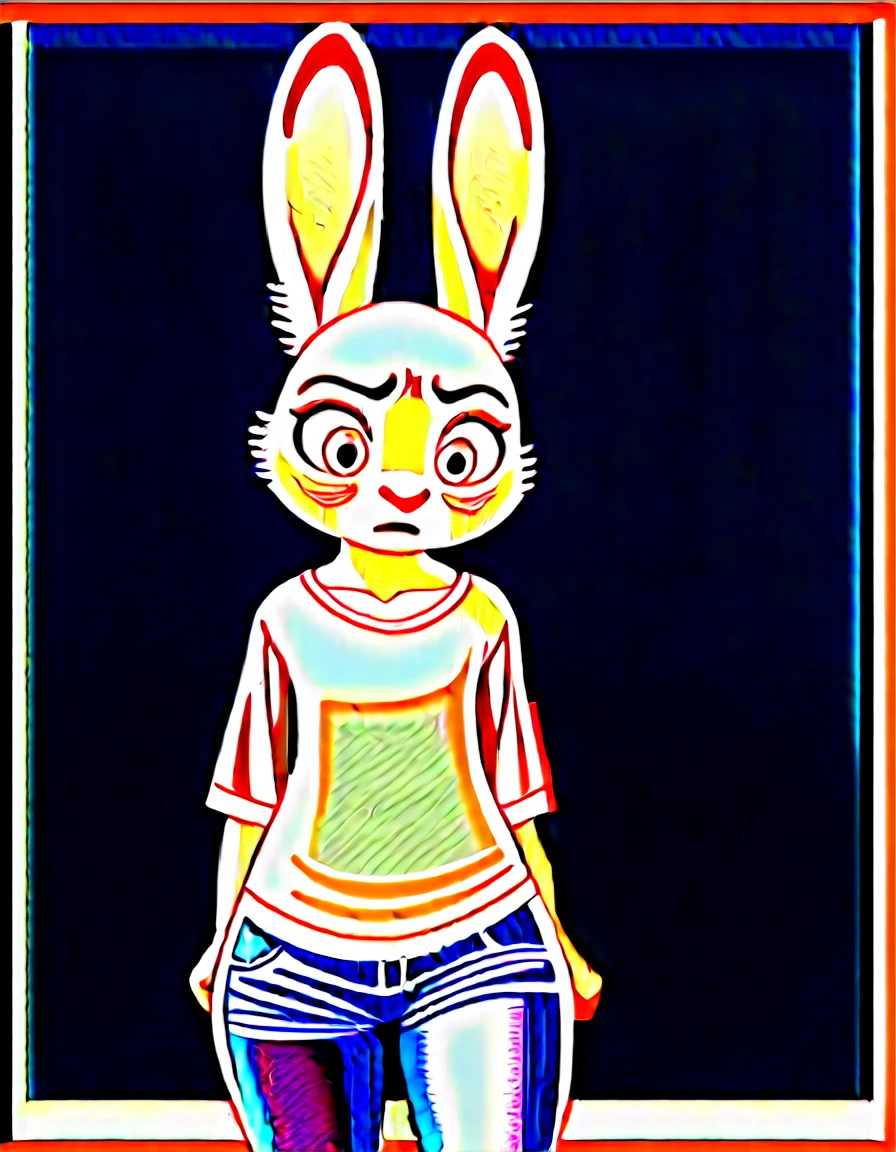 Fraction_9, Fraction_8_up, Fraction_7_Direction_6_up, src_hairy, judyhopps is confused, dark, night, Backlight, Solitary, Pink shirt, jeans, Keep your arms at your sides, Front view, portrait, fullbody shot, platform high heels, leashed collar, large thighs