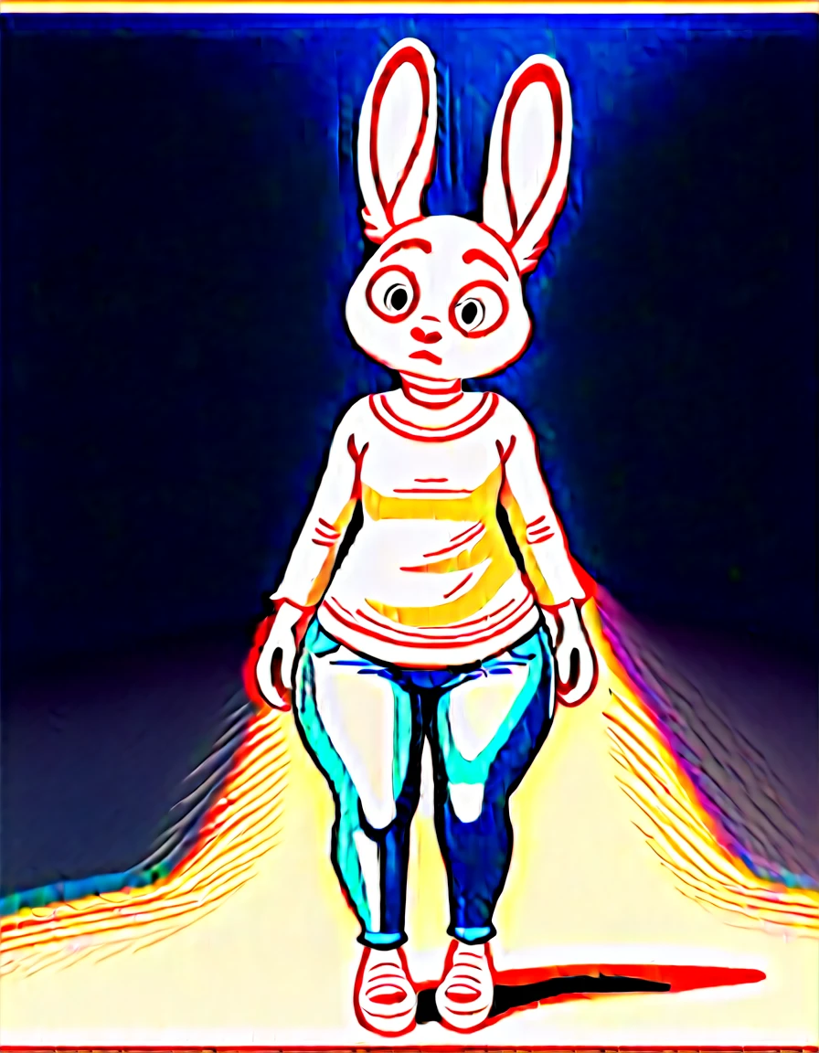Fraction_9, Fraction_8_up, Fraction_7_Direction_6_up, src_hairy, judyhopps is confused, dark, night, Backlight, Solitary, Pink shirt, jeans, Keep your arms at your sides, Front view, portrait, fullbody shot, platform high heels, leashed collar, large thighs