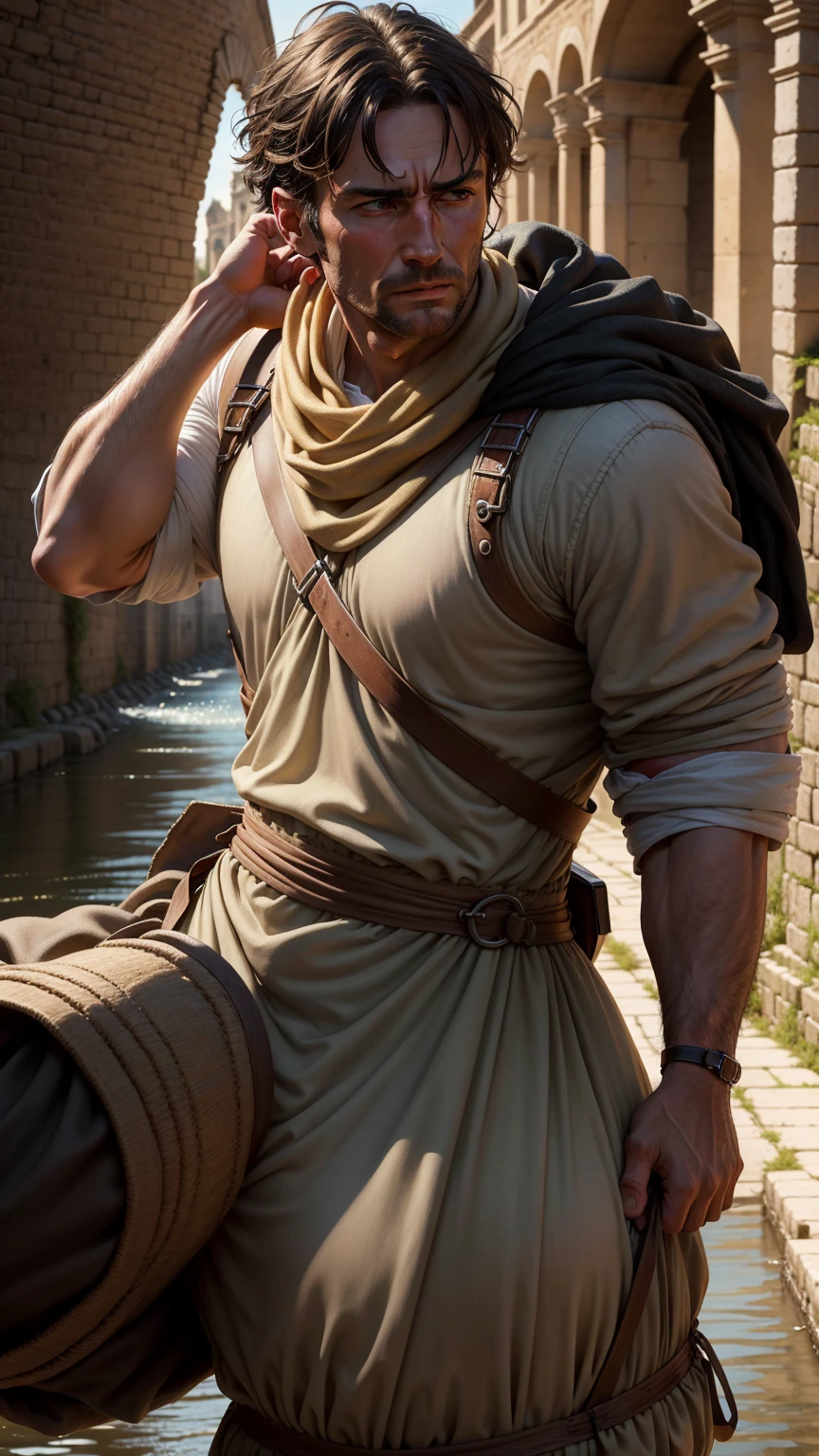 Realistic ultra HD close-up portrait，Image is a scene of the sack being carried to the river by Roman soldiers. The soldiers are struggling with the weight of the sack. The setting is an ancient Roman street leading to the river. The lighting is somber, capturing the gravity of the moment.

