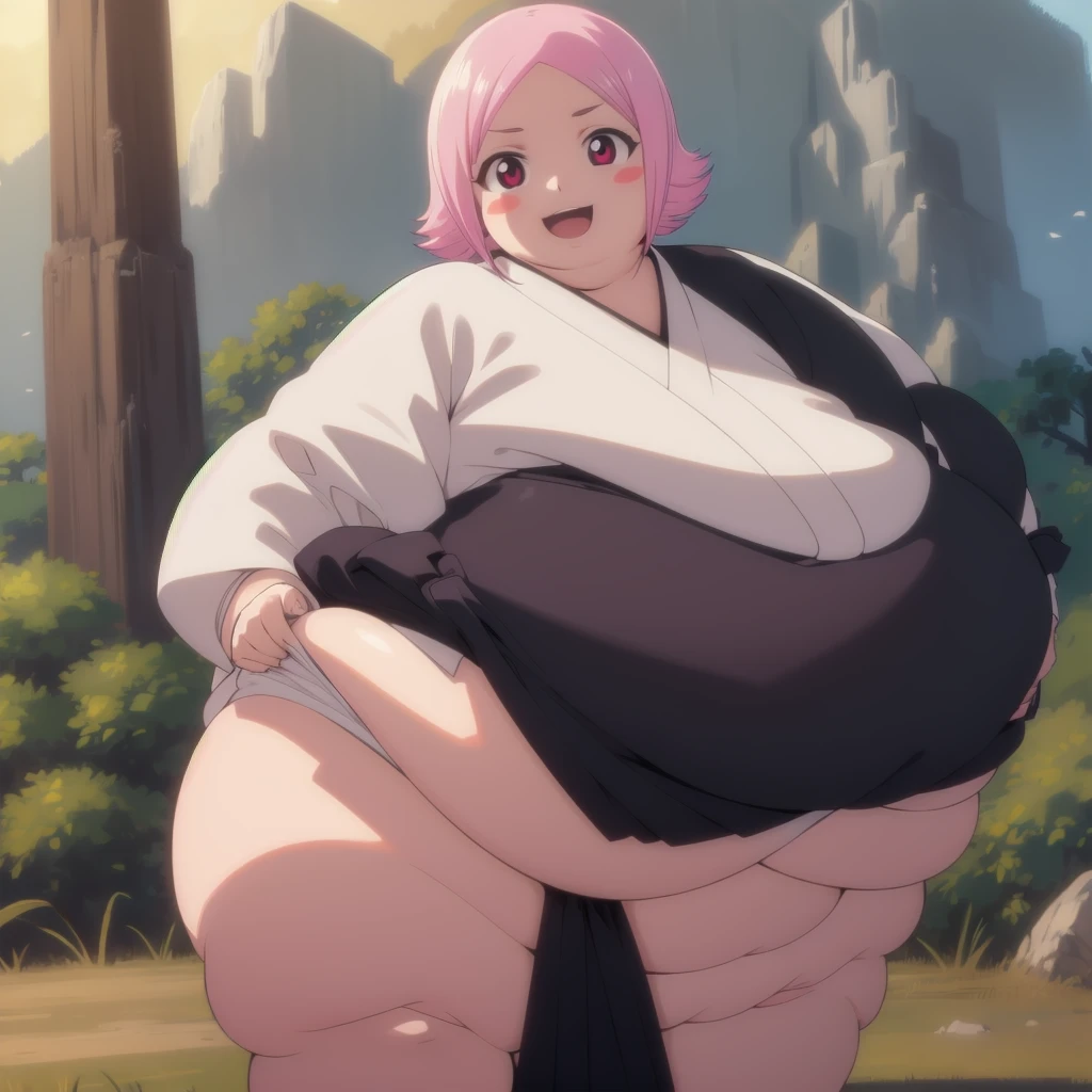 yachirukusajishi, yachiru kusajishi, short hair, pink hair, (pink eyes:1.5), blush stickers, open mouth, forehead,
BREAK long sleeves, japanese clothes, hakama, black hakama,
BREAK outdoors,
BREAK looking at viewer, (cowboy shot:1.5),
BREAK (masterpiece:1.2), best quality, high resolution, unity 8k wallpaper, (illustration:0.8), (beautiful detailed eyes:1.6), extremely detailed face, perfect lighting, extremely detailed CG, (perfect hands, perfect anatomy), standing, smile, blush, solo, 1girl, SSBBW yachiru kusajishi, big cheeks, ssbbw, severely obese ,600lbs obese female, no pupils, ultra detailed, masterpiece, best quality, aesthetic, detailed, Fluffy and Fat Face, Big Butt, Big Cheeks, Obese Body, Sexy, Obese Girl, oddeye, Happy, Cute Expression, Very Hot, bbwchan, nsfw, manhwa, oppai proportions, she has a jiggly fat round belly, body swelling about to explode, thicc, with a large breasts, doujin